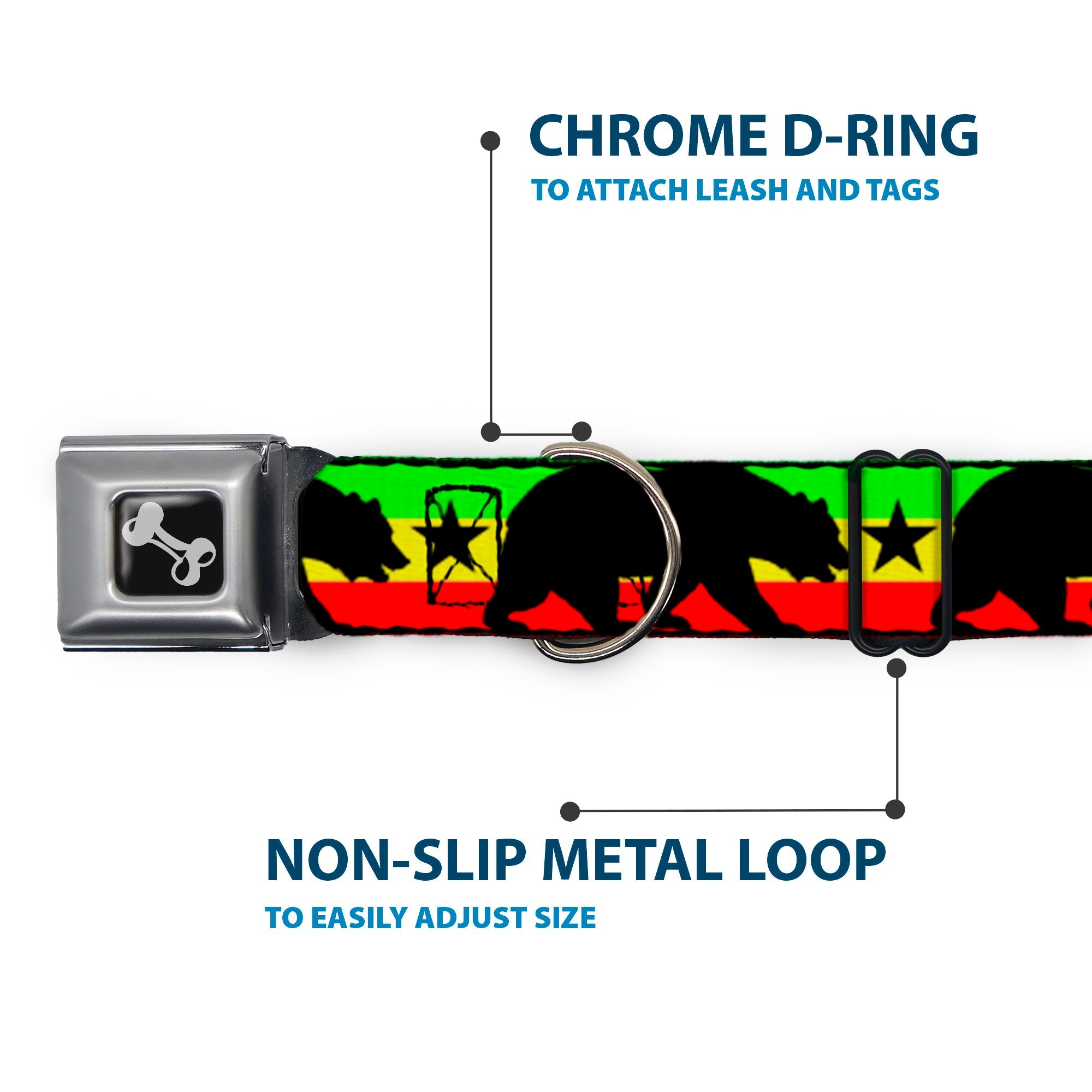 Dog Bone Seatbelt Buckle Collar - Cali Bear/Star Silhouette Rasta/Black