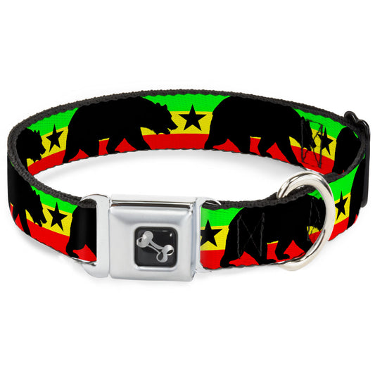 Dog Bone Seatbelt Buckle Collar - Cali Bear/Star Silhouette Rasta/Black