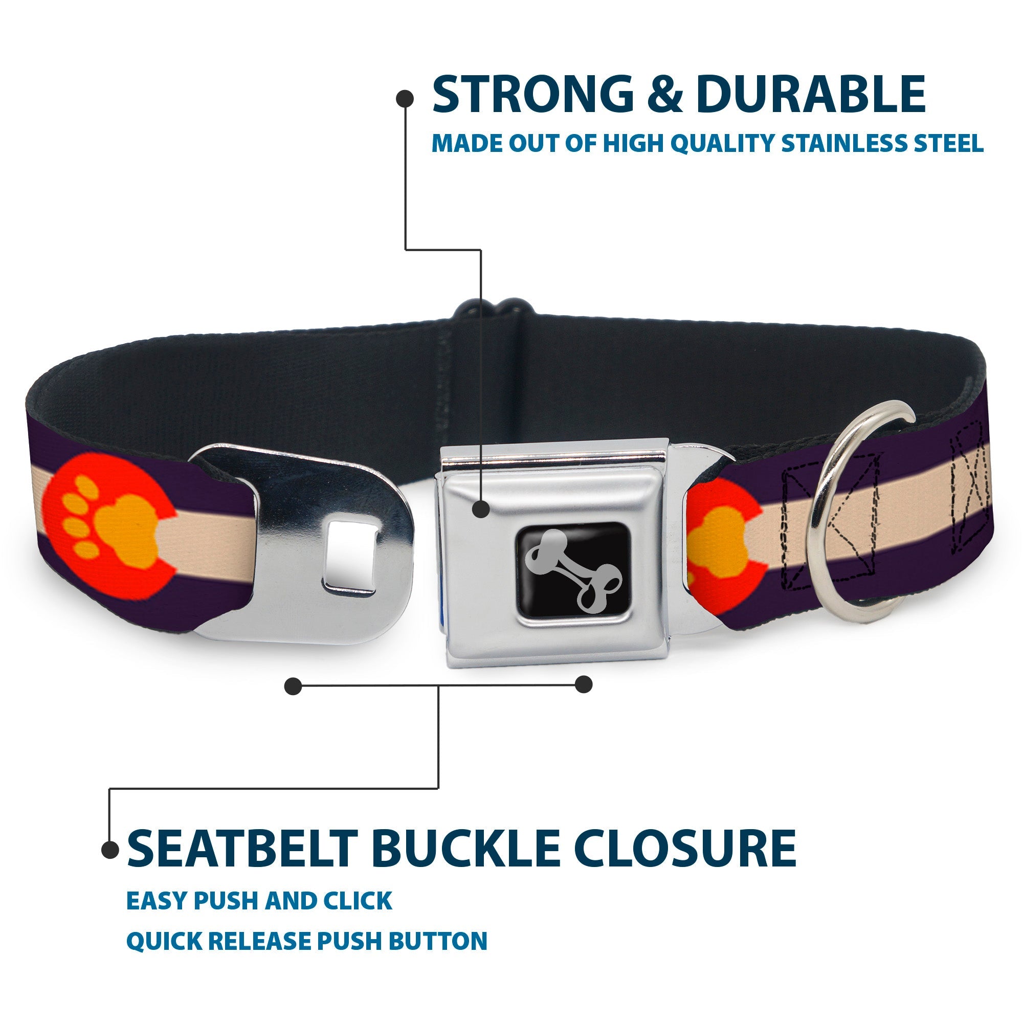 Dog Bone Seatbelt Buckle Collar - Colorado Flag/Paw Print