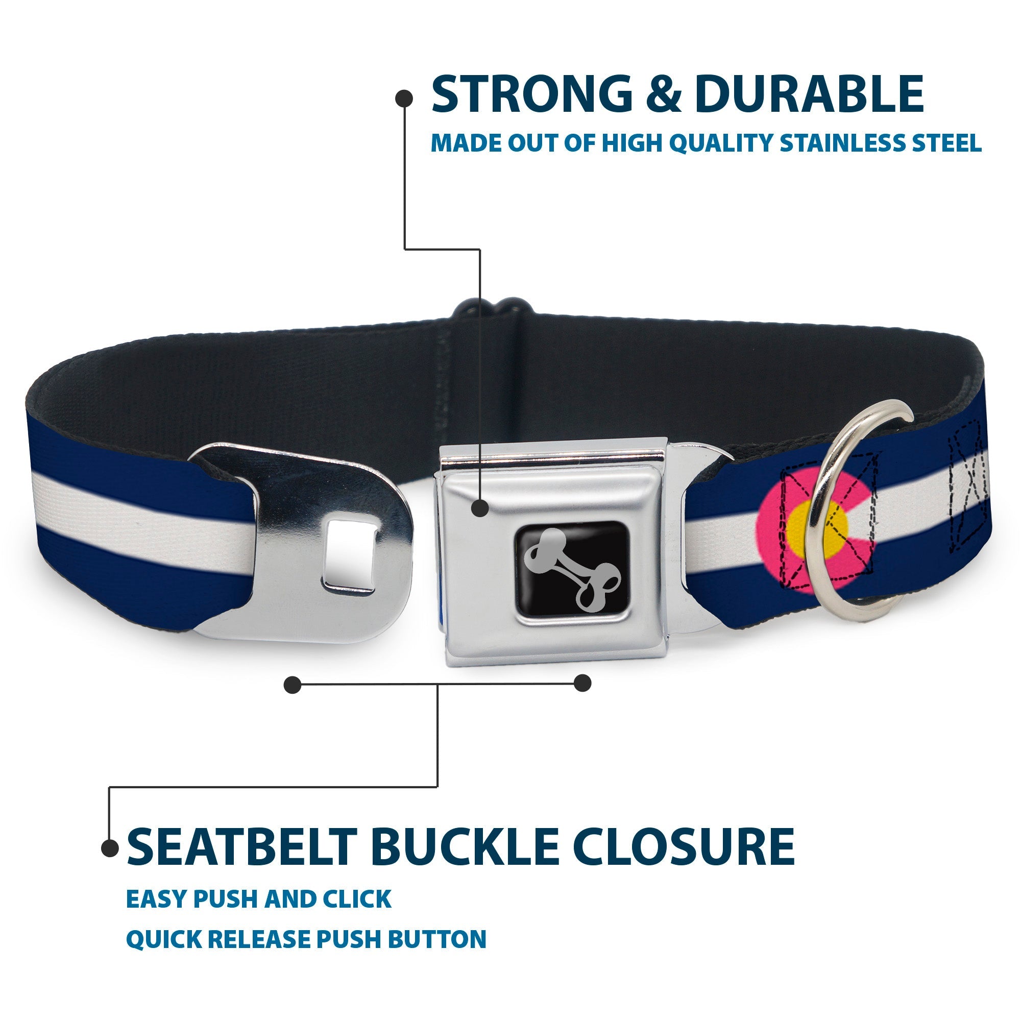 Dog Bone Seatbelt Buckle Collar - Colorado Flags6 Repeat Blue/White/Pink/Yellow