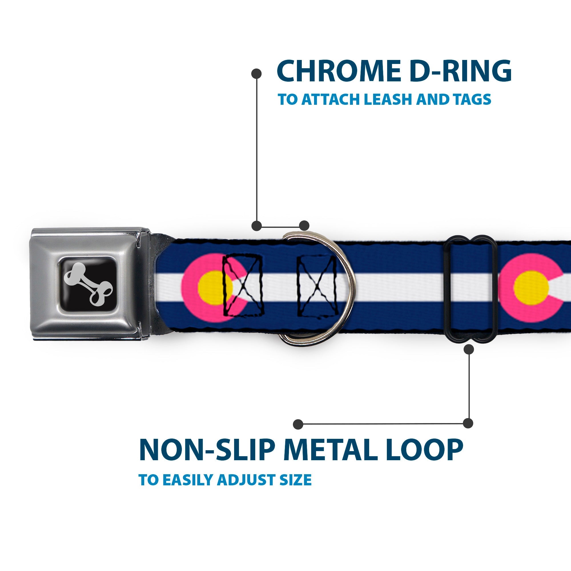 Dog Bone Seatbelt Buckle Collar - Colorado Flags6 Repeat Blue/White/Pink/Yellow