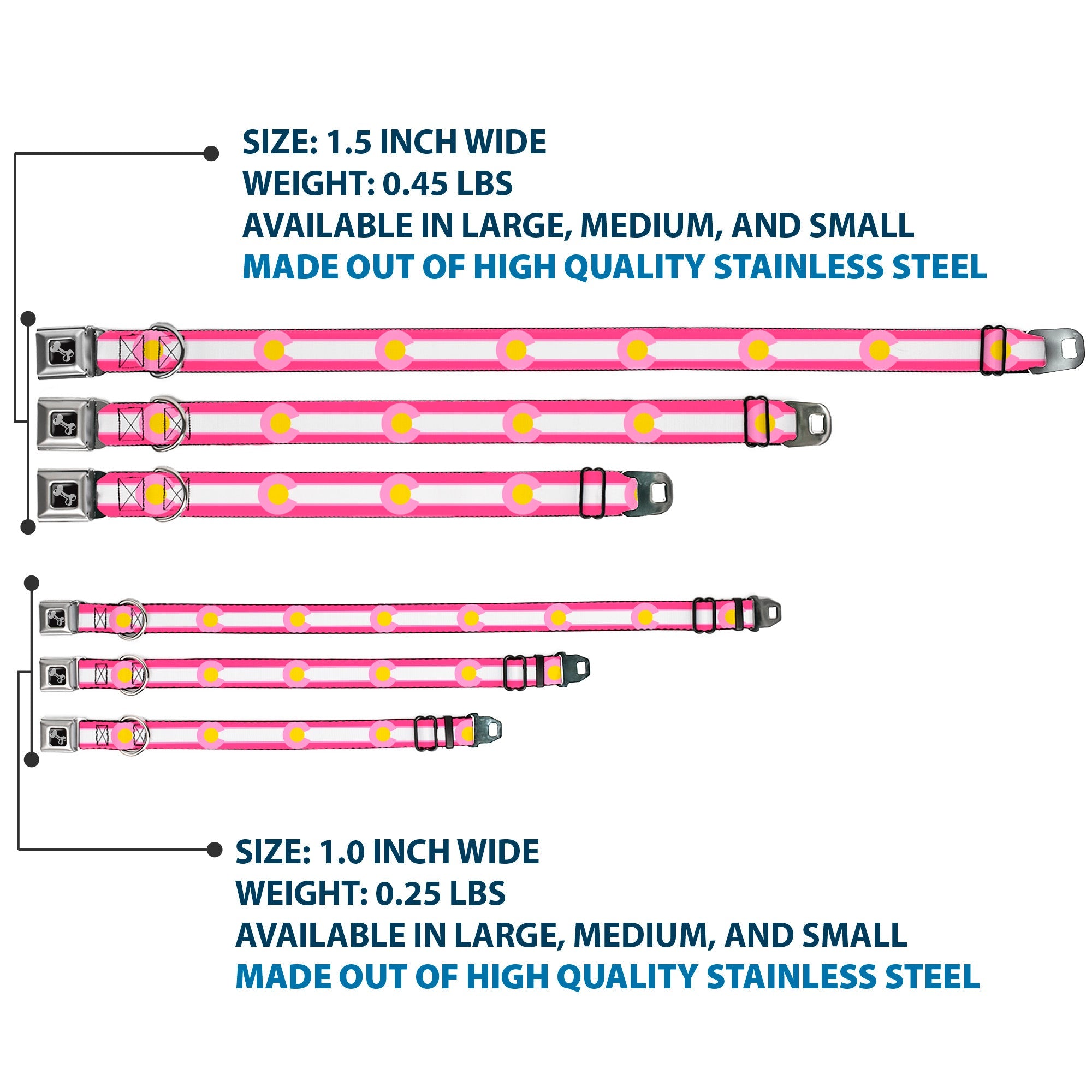 Dog Bone Seatbelt Buckle Collar - Colorado Flags7 Repeat Pinks/White/Light Pink/Yellow