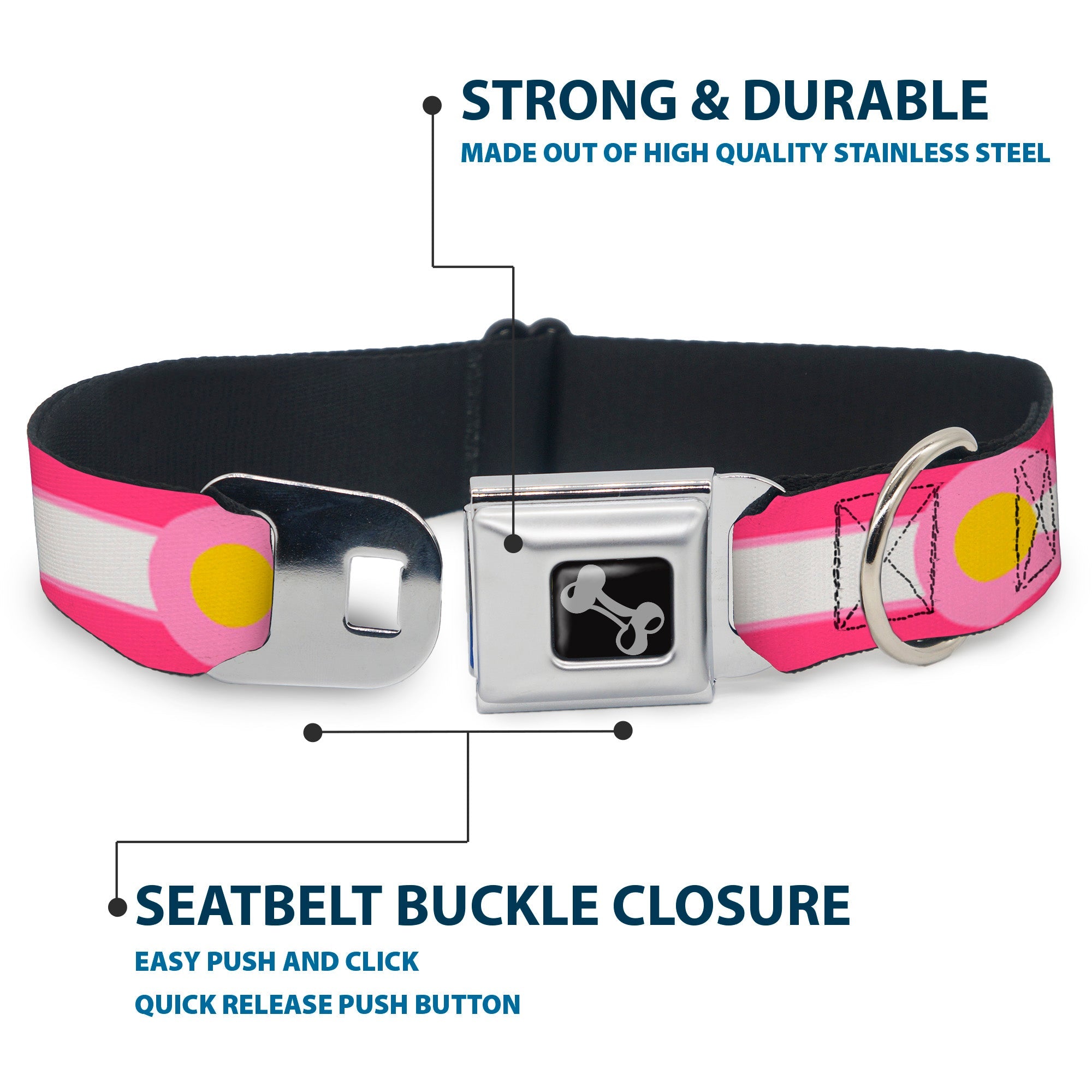 Dog Bone Seatbelt Buckle Collar - Colorado Flags7 Repeat Pinks/White/Light Pink/Yellow