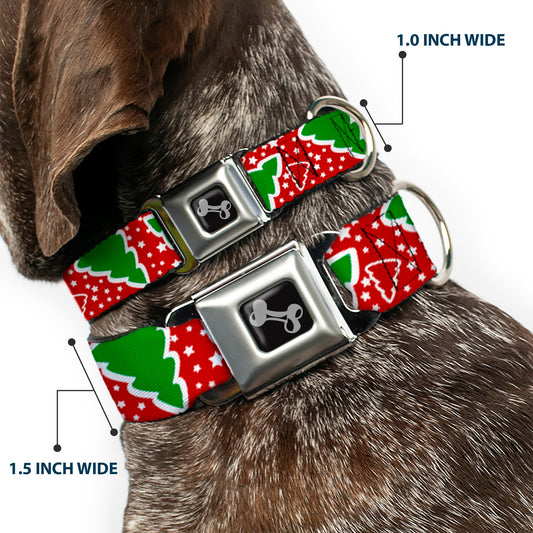 Dog Bone Seatbelt Buckle Collar - Christmas Trees/Stars Red/White/Green