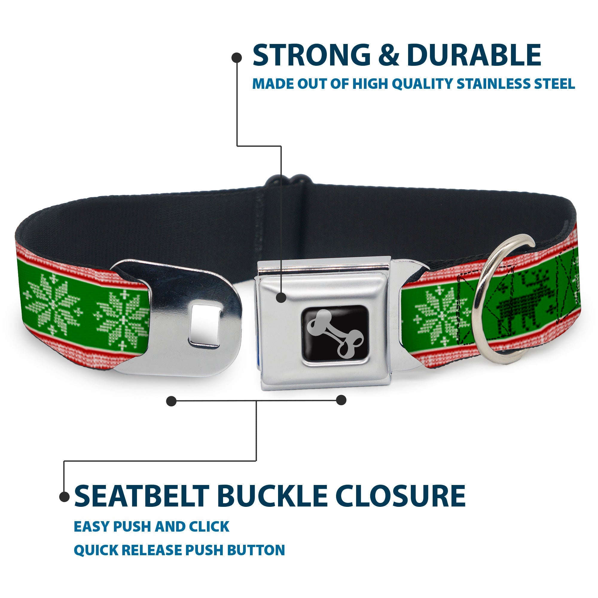 Dog Bone Seatbelt Buckle Collar - Christmas Stitch Moose/Snowflakes Red/Green