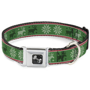 Dog Bone Seatbelt Buckle Collar - Christmas Stitch Moose/Snowflakes Red/Green