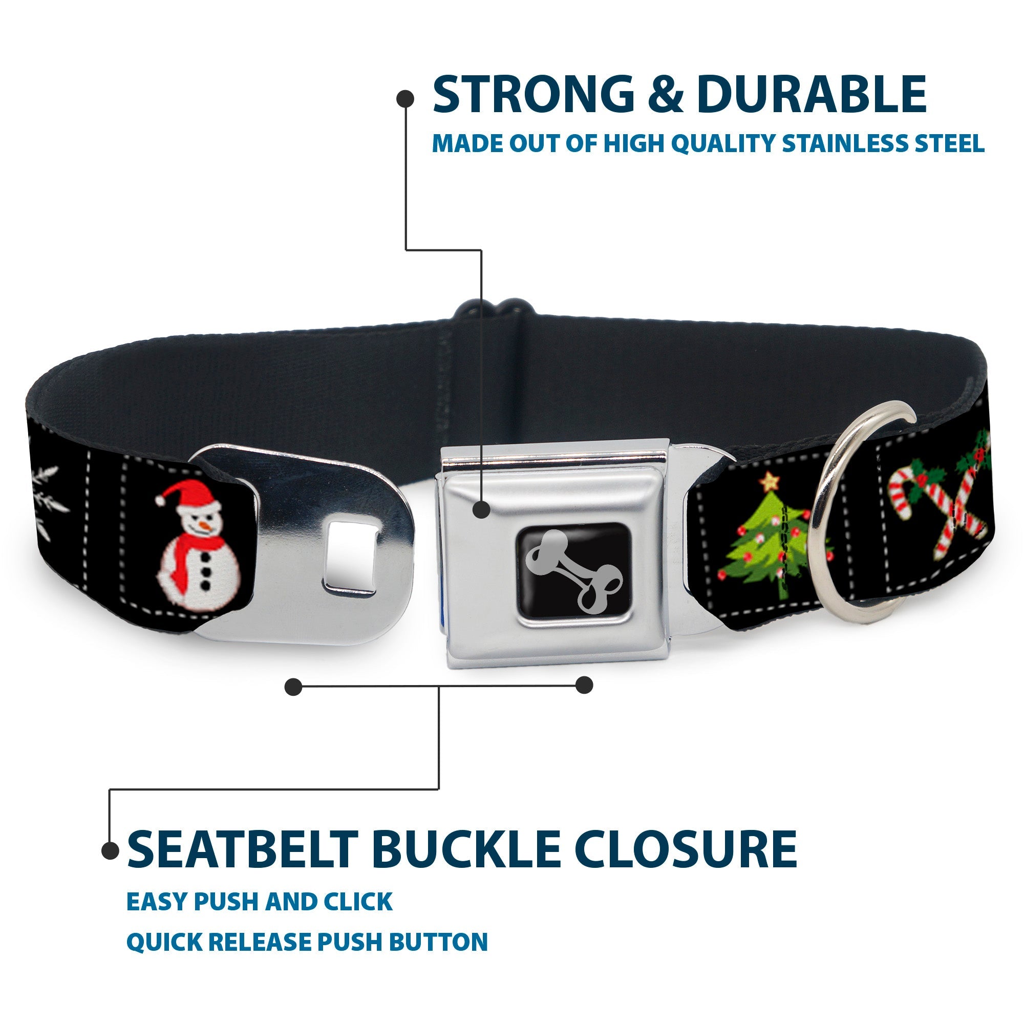 Dog Bone Seatbelt Buckle Collar - Christmas Blocks Black/White/Multi Color