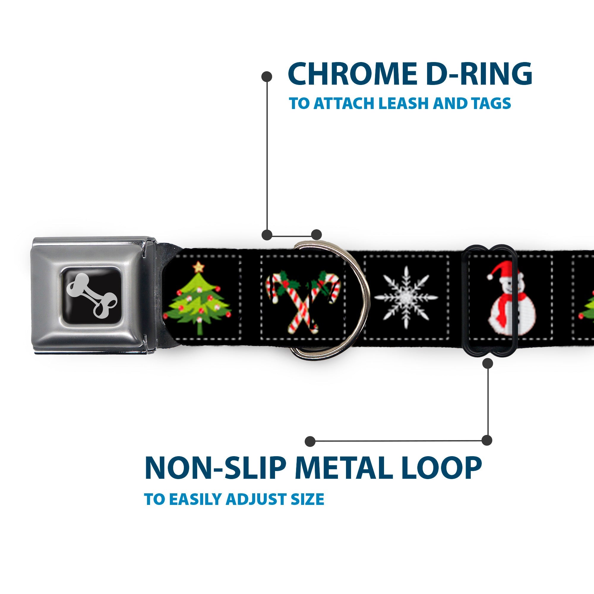 Dog Bone Seatbelt Buckle Collar - Christmas Blocks Black/White/Multi Color