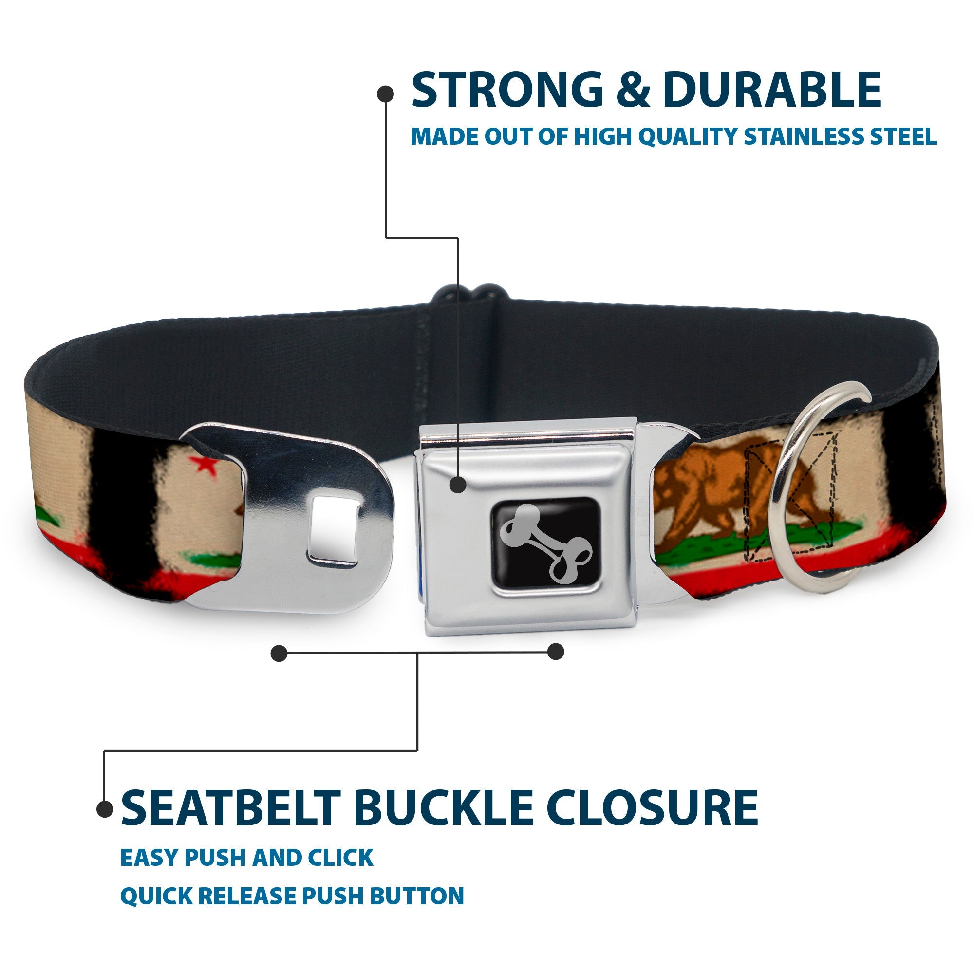 Dog Bone Seatbelt Buckle Collar - California Flag Distressed Painting Blocks