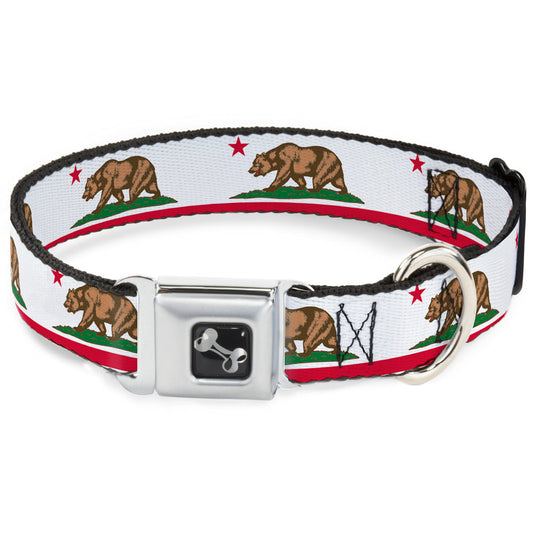 Dog Bone Seatbelt Buckle Collar - California Flag White w/Stripe