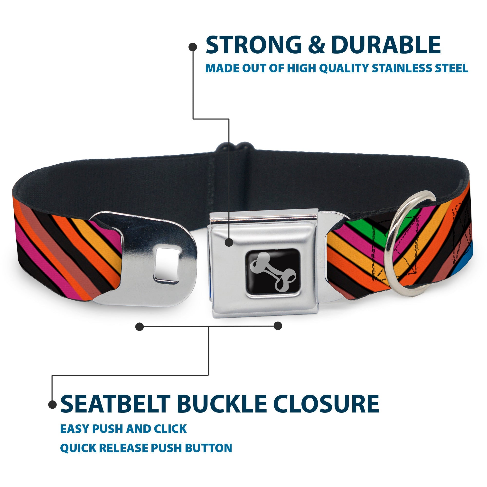 Dog Bone Seatbelt Buckle Collar - Chevron Freehand CLOSE-UP Multi Color
