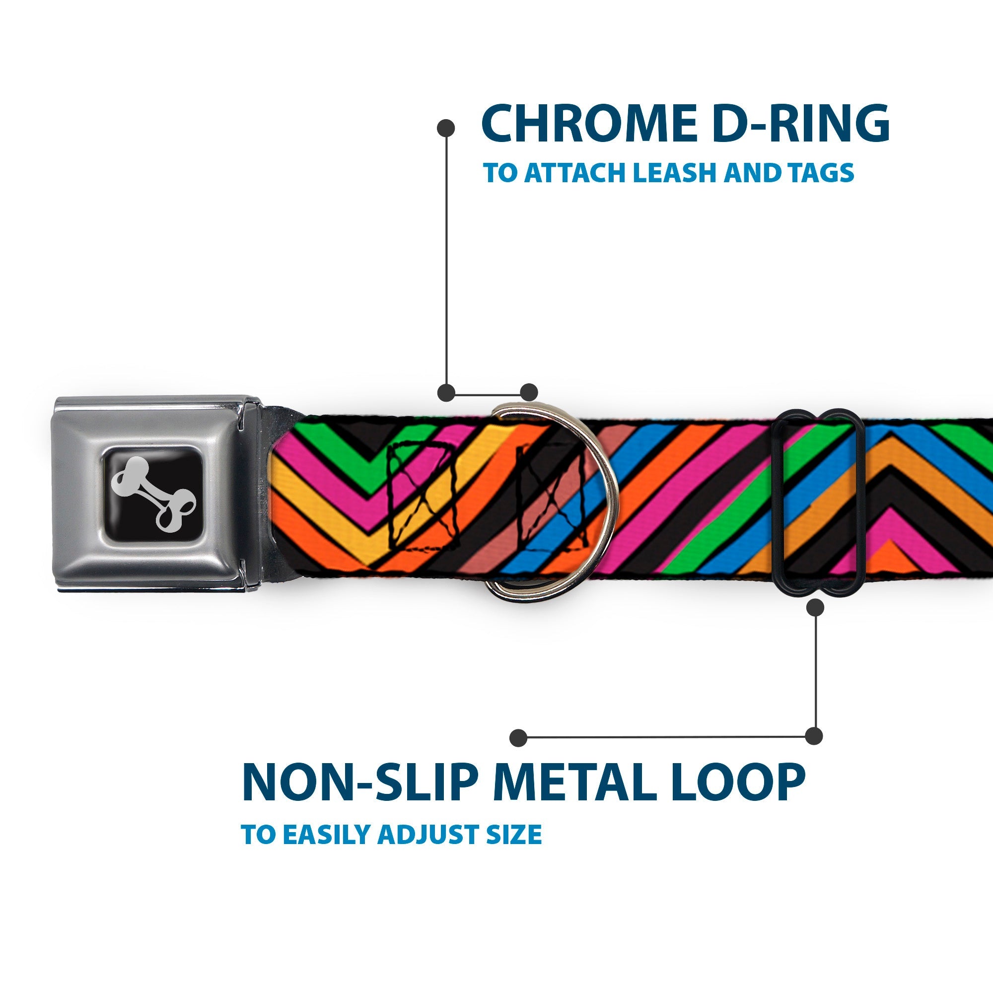 Dog Bone Seatbelt Buckle Collar - Chevron Freehand CLOSE-UP Multi Color
