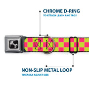 Dog Bone Seatbelt Buckle Collar - Checker Fluoresecent Pink/Yellow