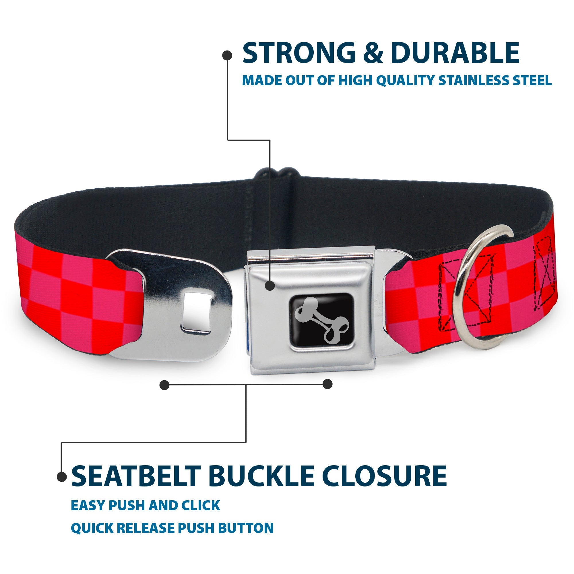 Dog Bone Seatbelt Buckle Collar - Checker Fluoresecent Orange/Pink