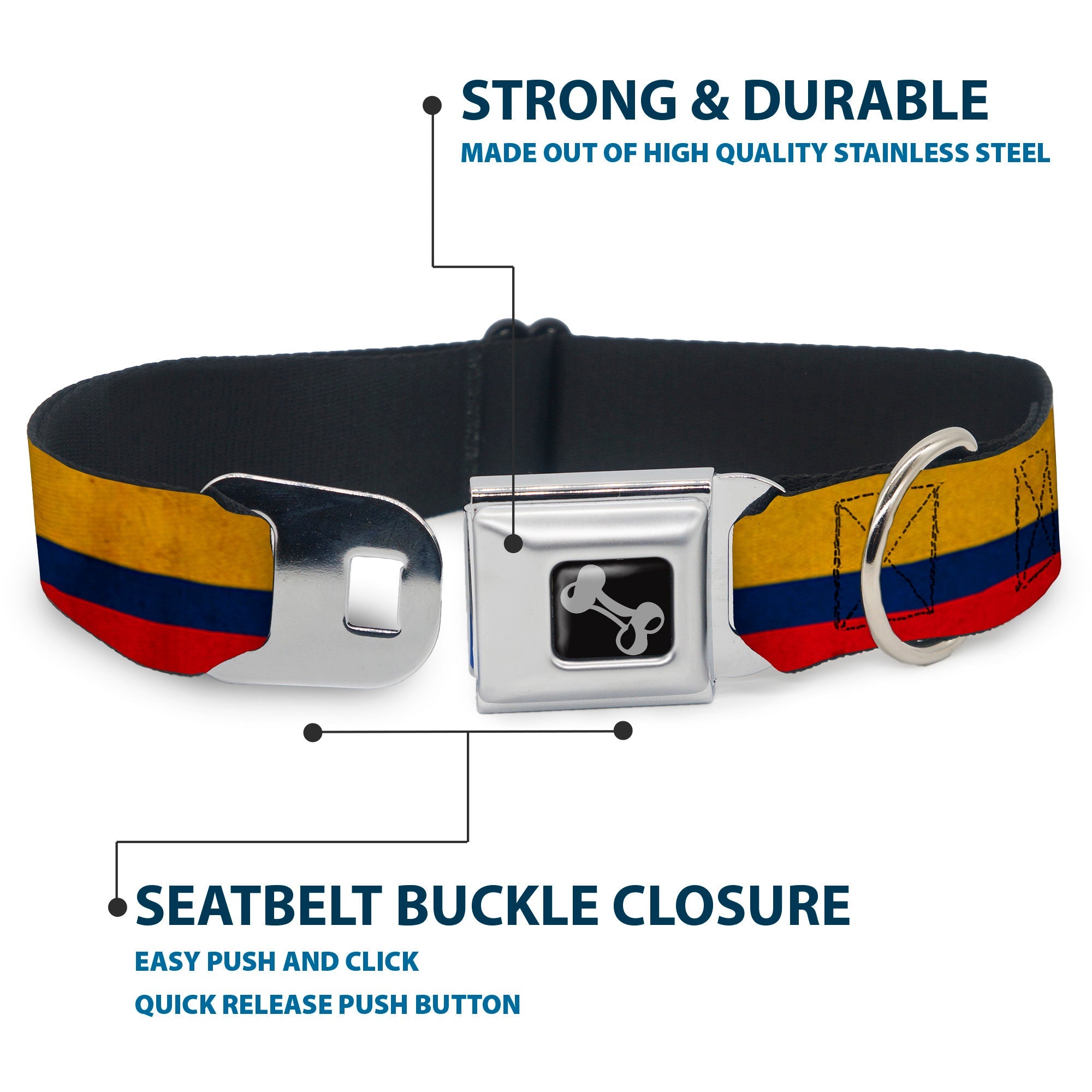 Dog Bone Seatbelt Buckle Collar - Colombia Flag Distressed