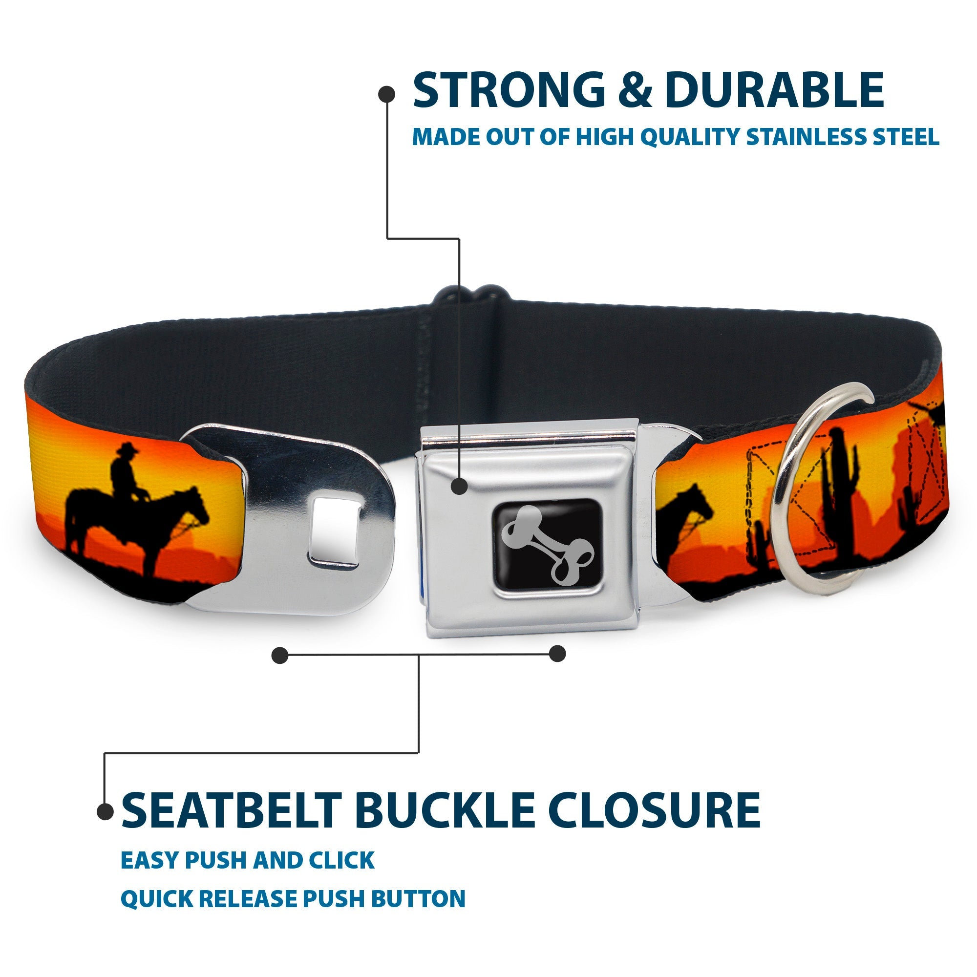 Dog Bone Seatbelt Buckle Collar - Cowboy Silhouette/Western Landscape Reds/Black