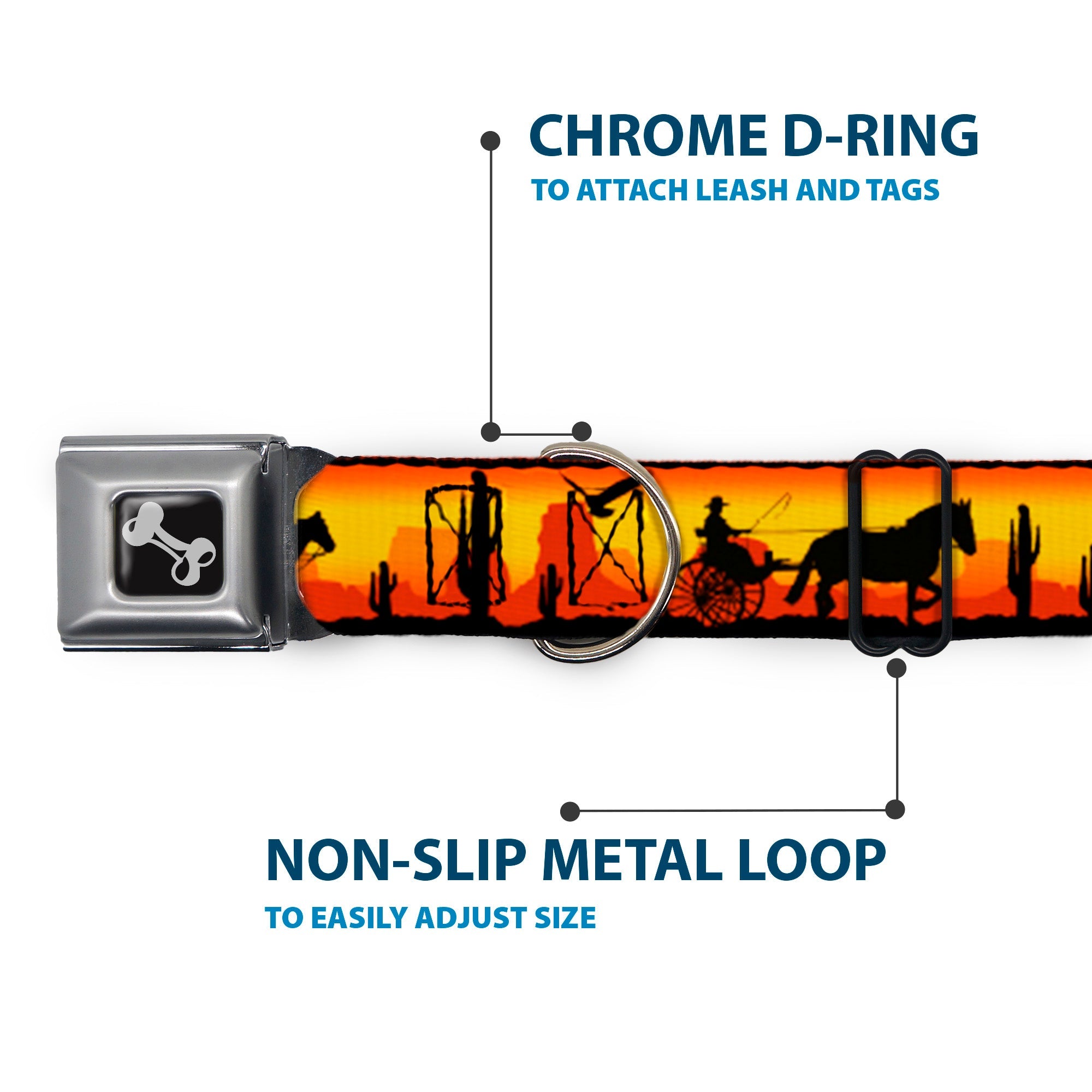 Dog Bone Seatbelt Buckle Collar - Cowboy Silhouette/Western Landscape Reds/Black