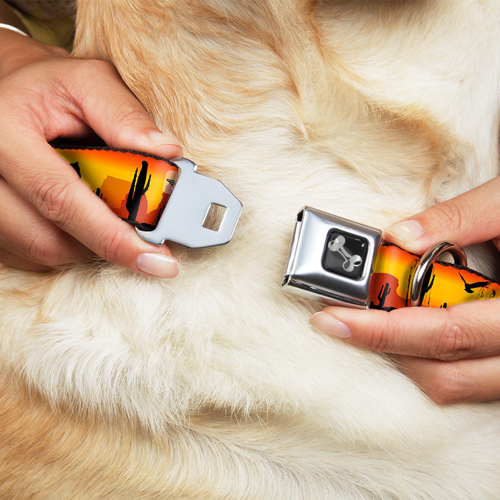 Dog Bone Seatbelt Buckle Collar - Cowboy Silhouette/Western Landscape Reds/Black