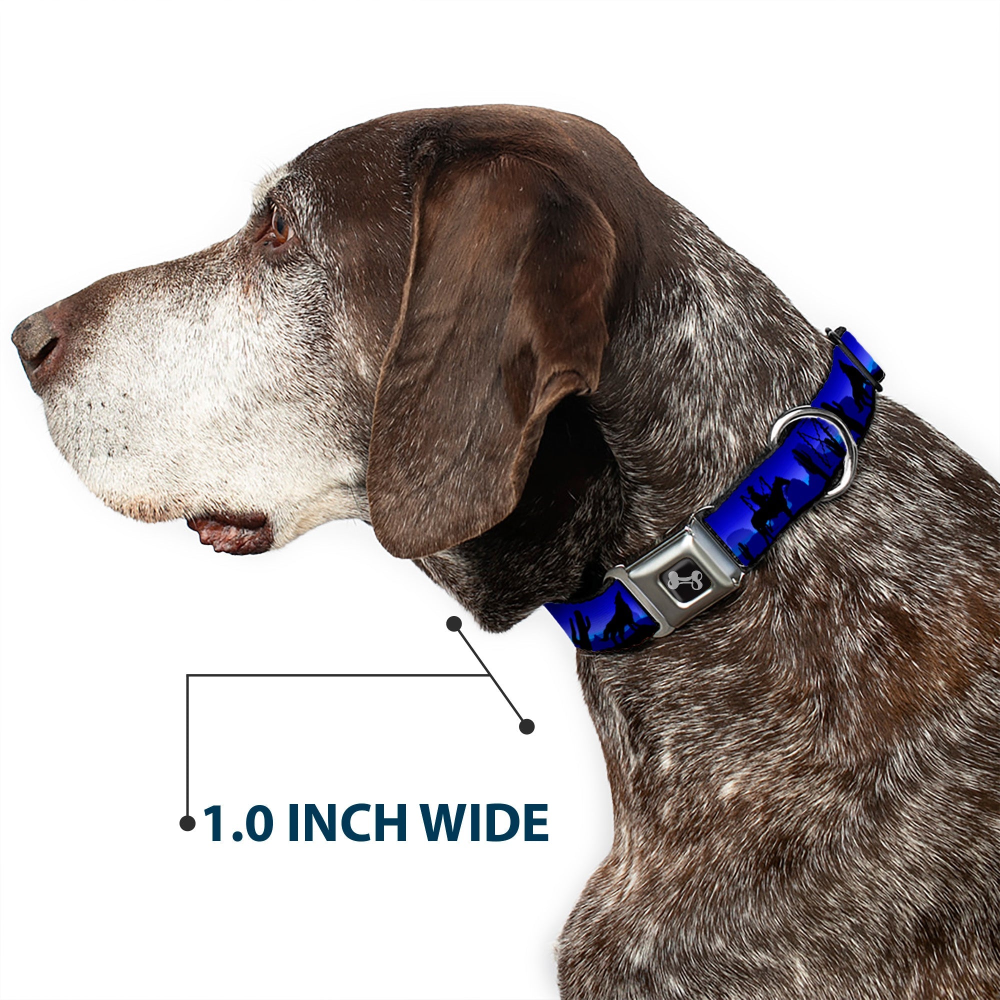 Dog Bone Seatbelt Buckle Collar - Cowboy/Coyote Silhouettes/Western Landscape Blues/Black
