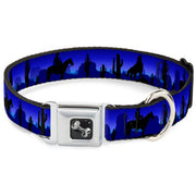 Dog Bone Seatbelt Buckle Collar - Cowboy/Coyote Silhouettes/Western Landscape Blues/Black