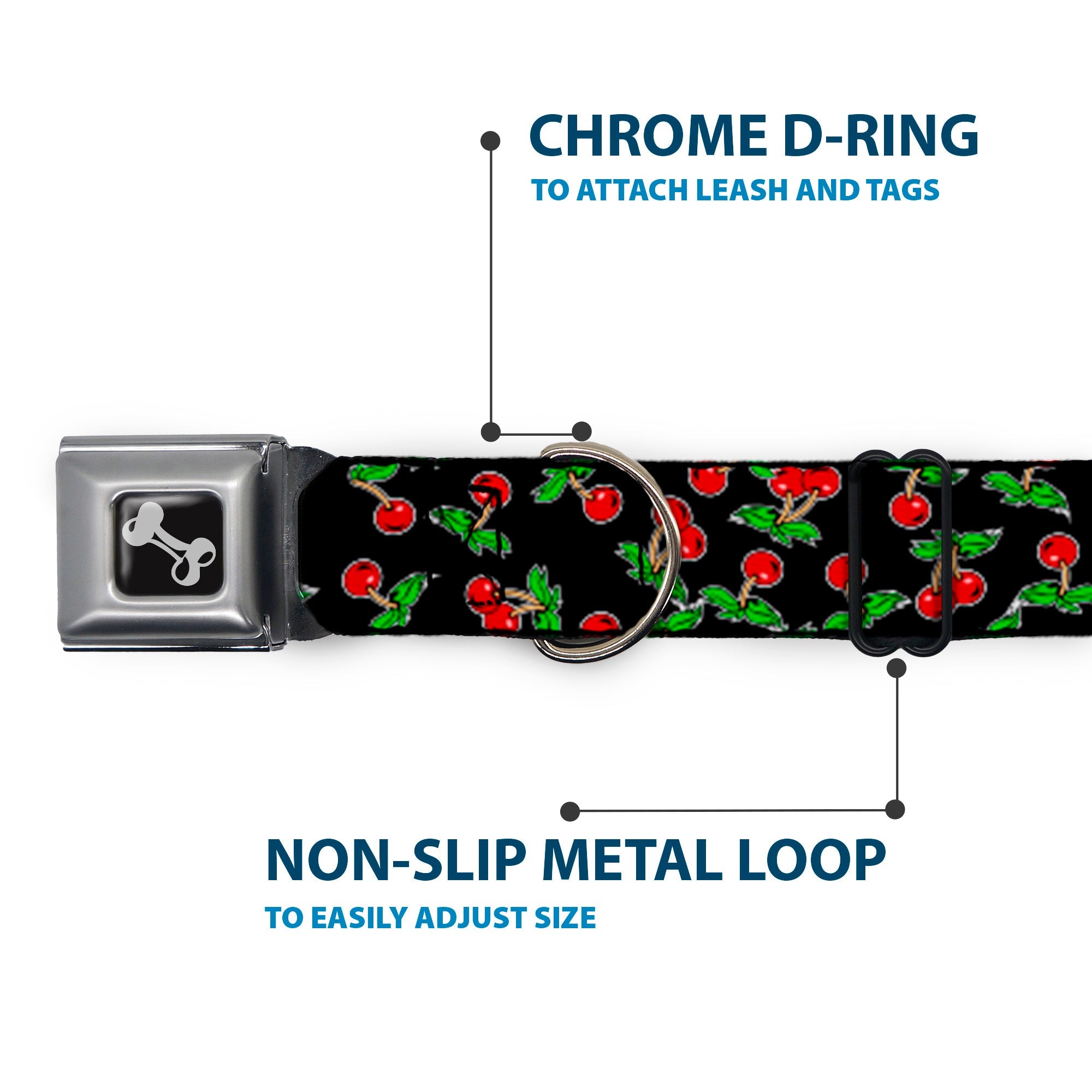 Dog Bone Seatbelt Buckle Collar - Cherries Scattered Black
