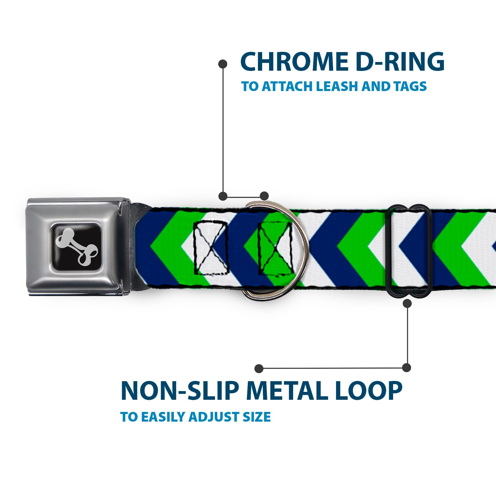 Dog Bone Seatbelt Buckle Collar - Chevron White/Bright Green/Navy