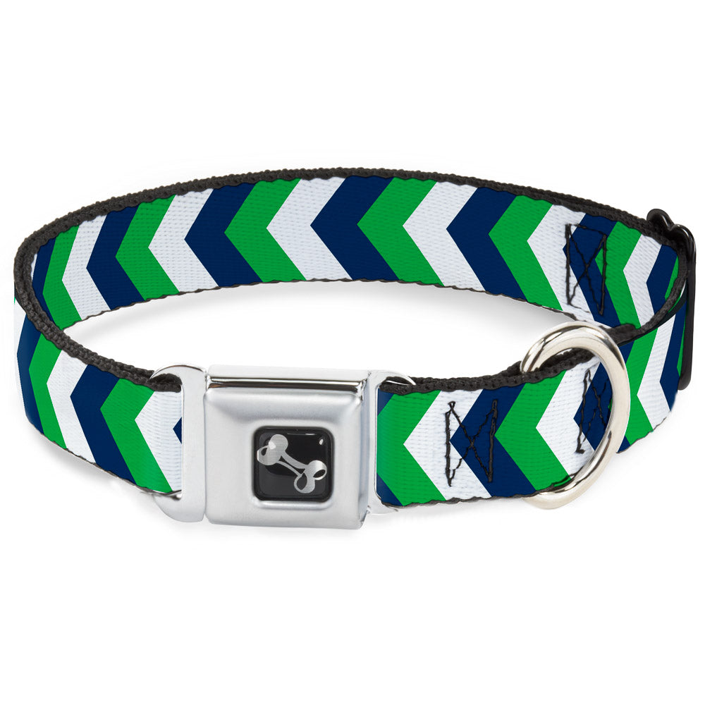Dog Bone Seatbelt Buckle Collar - Chevron White/Bright Green/Navy