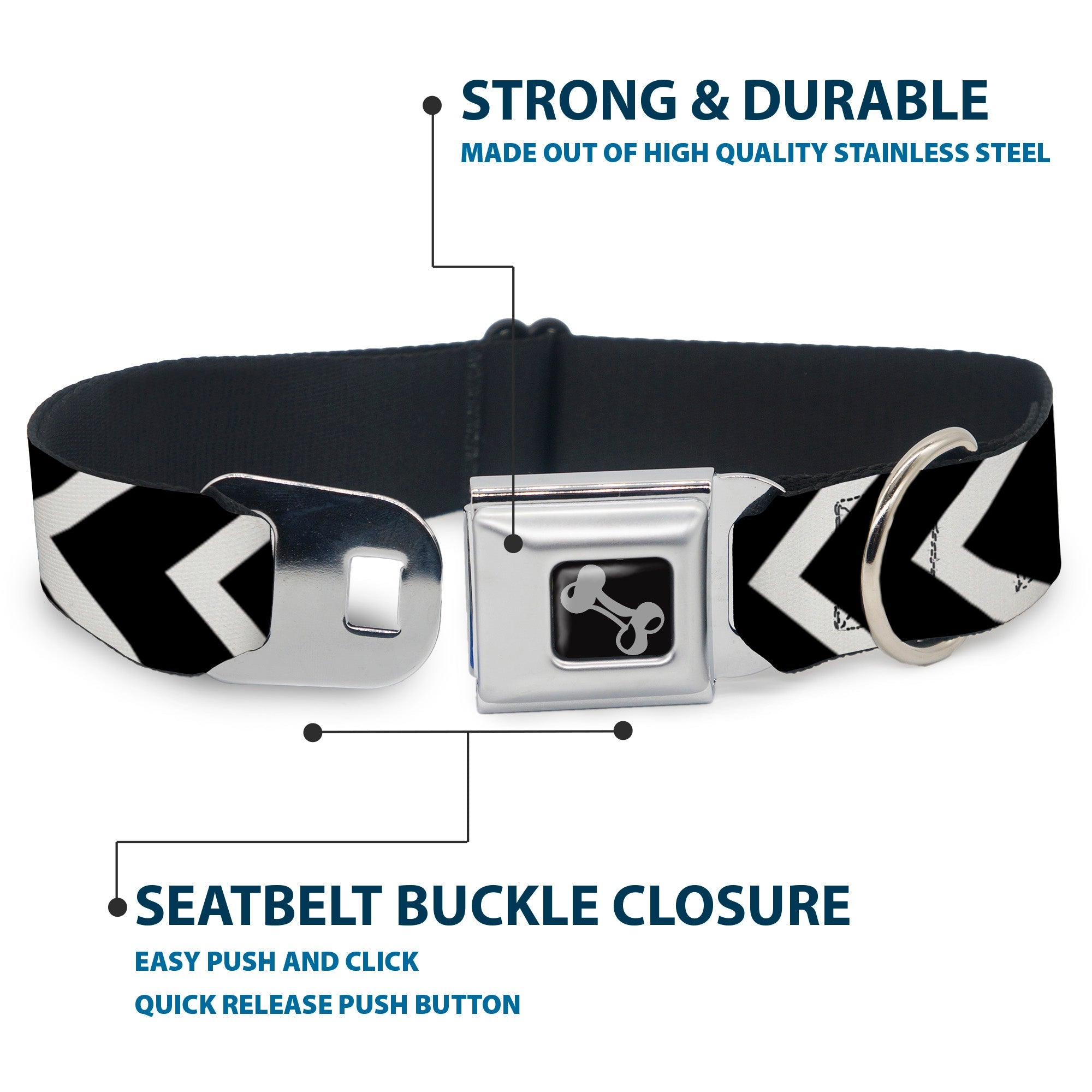 Dog Bone Seatbelt Buckle Collar - Chevron2 White/Black
