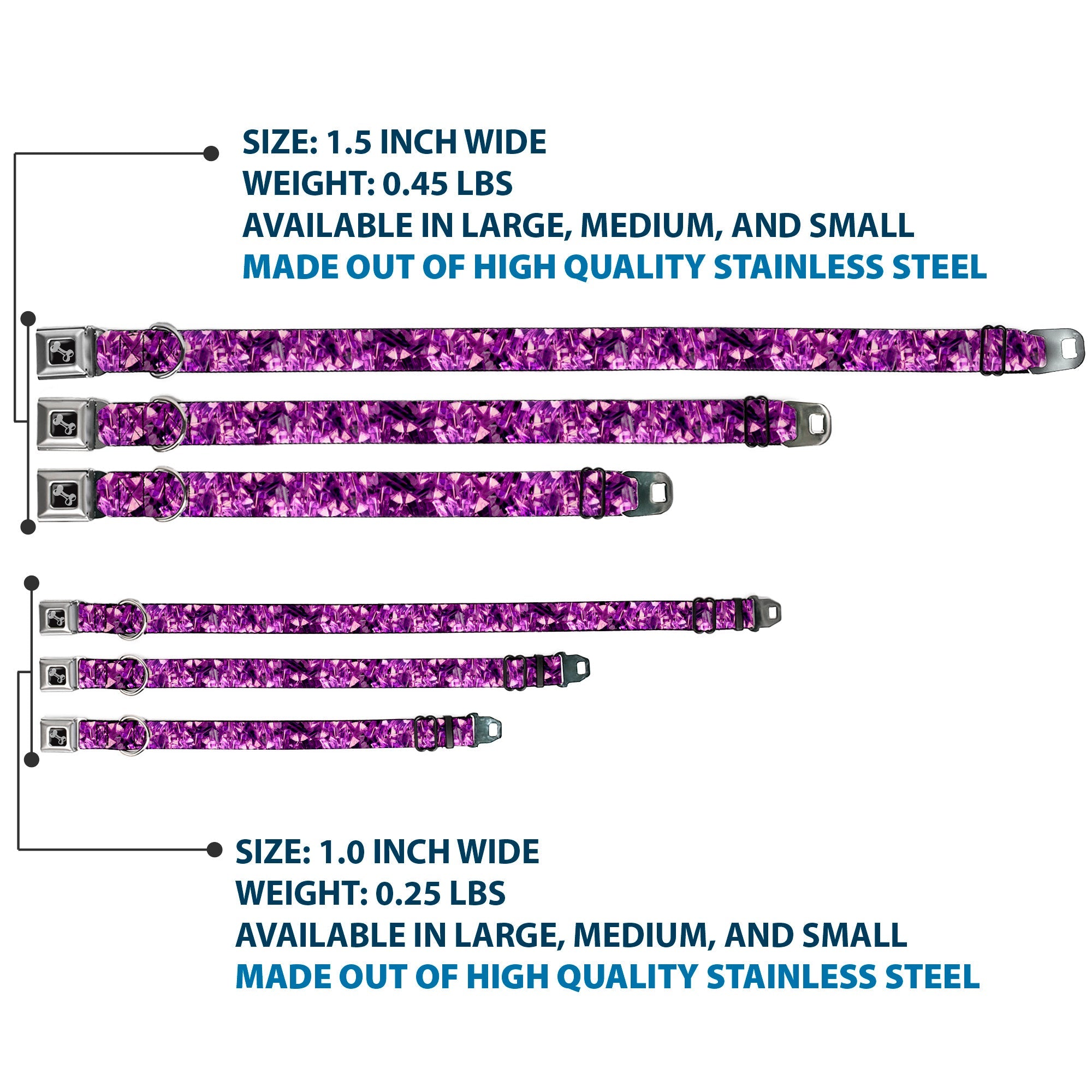 Dog Bone Seatbelt Buckle Collar - Crystals Purples