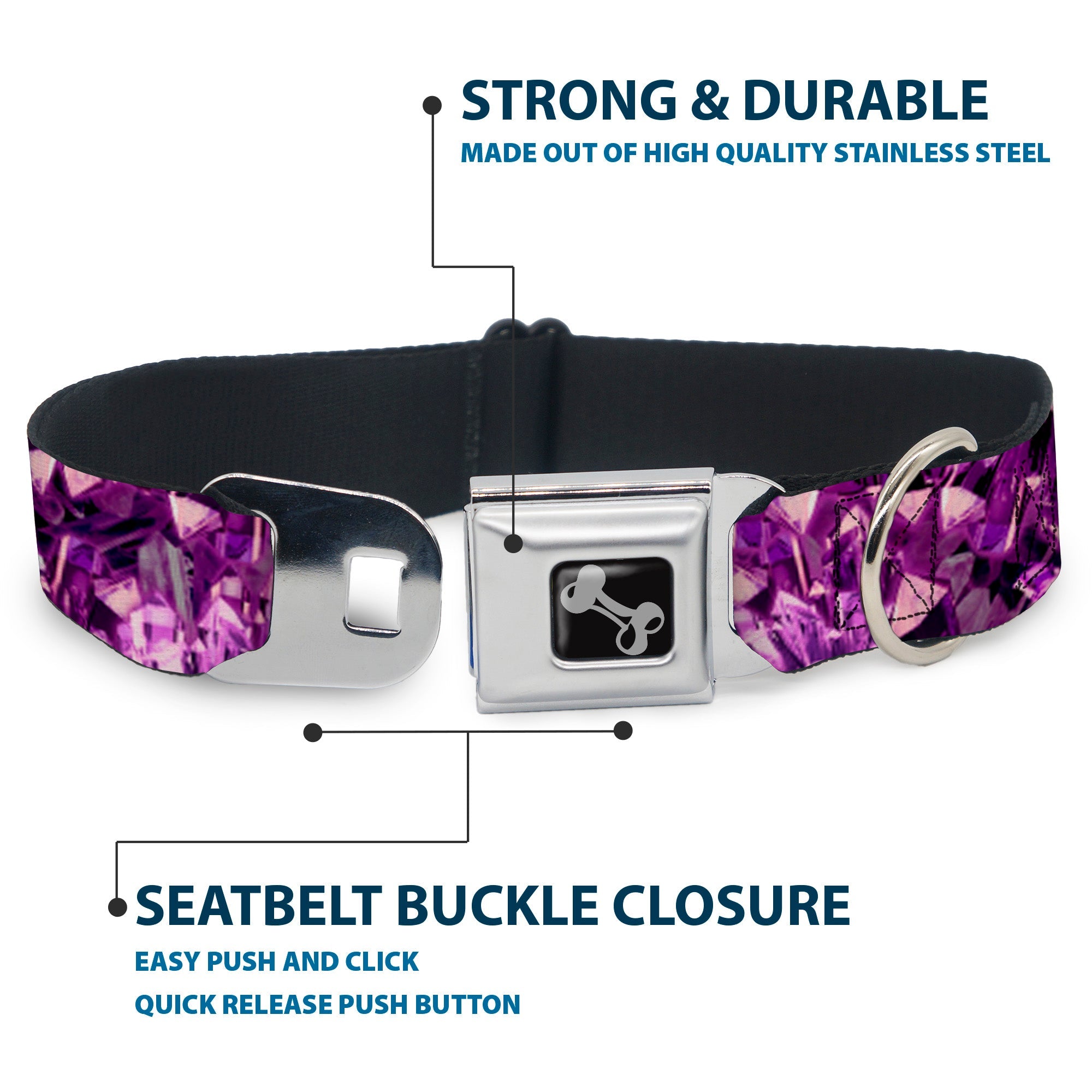 Dog Bone Seatbelt Buckle Collar - Crystals Purples