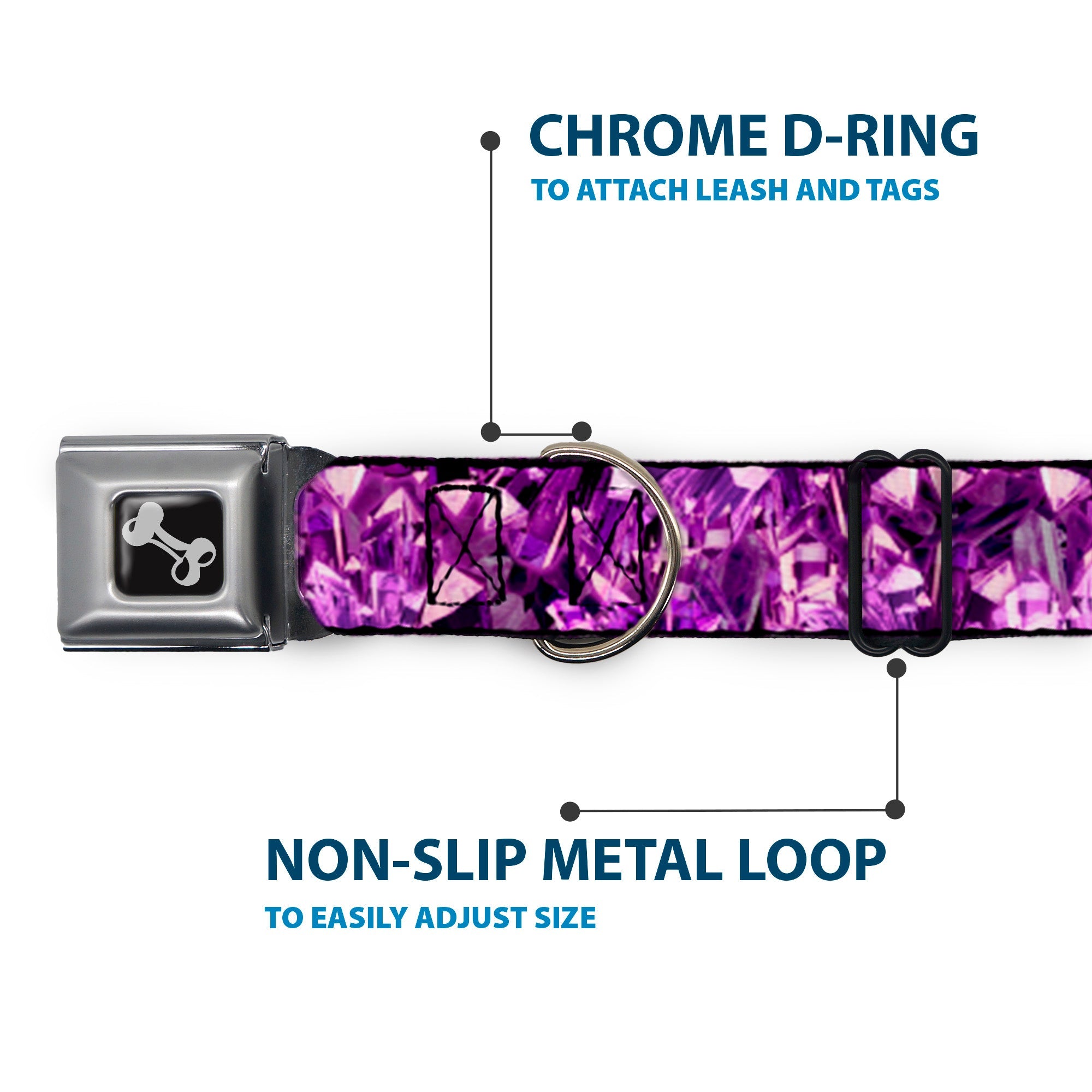 Dog Bone Seatbelt Buckle Collar - Crystals Purples