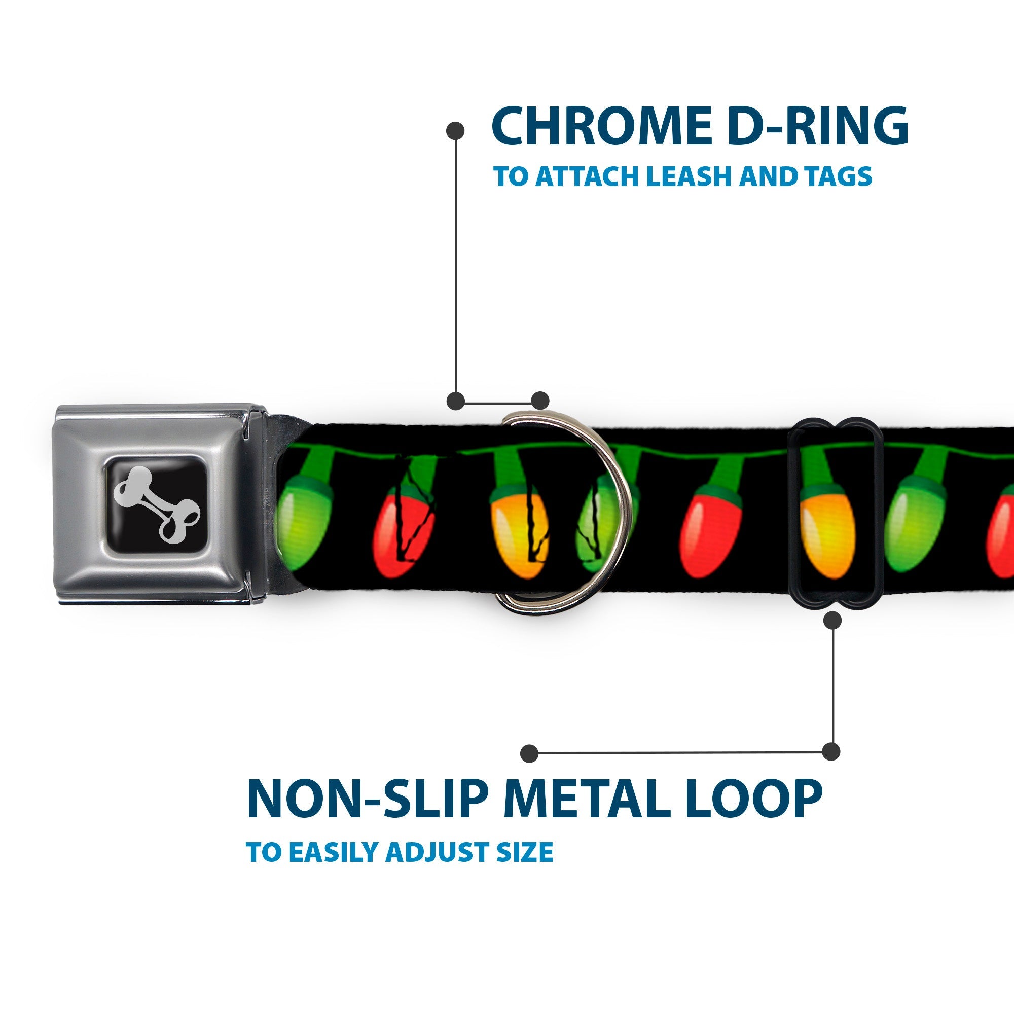 Dog Bone Seatbelt Buckle Collar - Christmas Lights Black/Multi Color