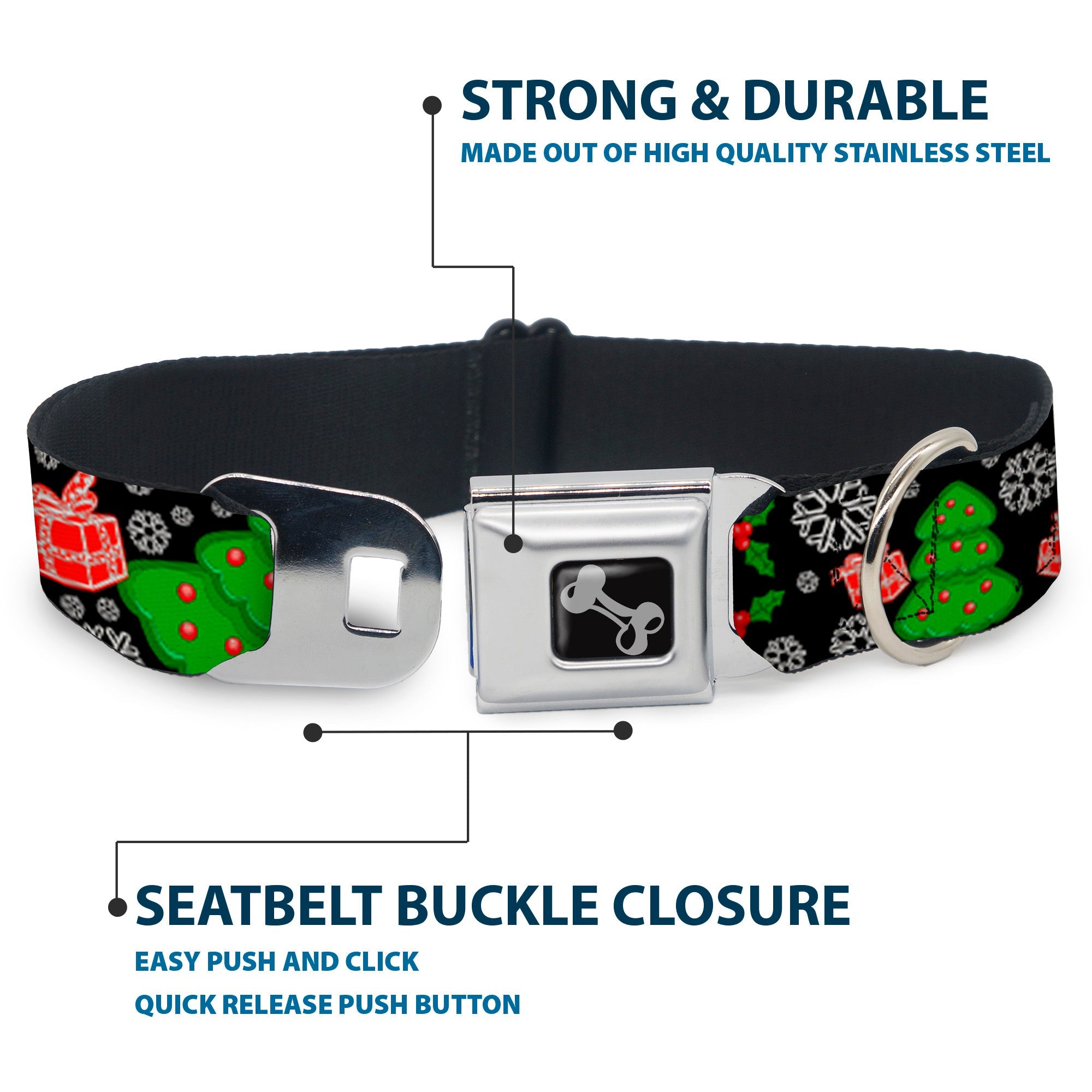 Dog Bone Seatbelt Buckle Collar - Christmas Collage Black/White/Green/Red