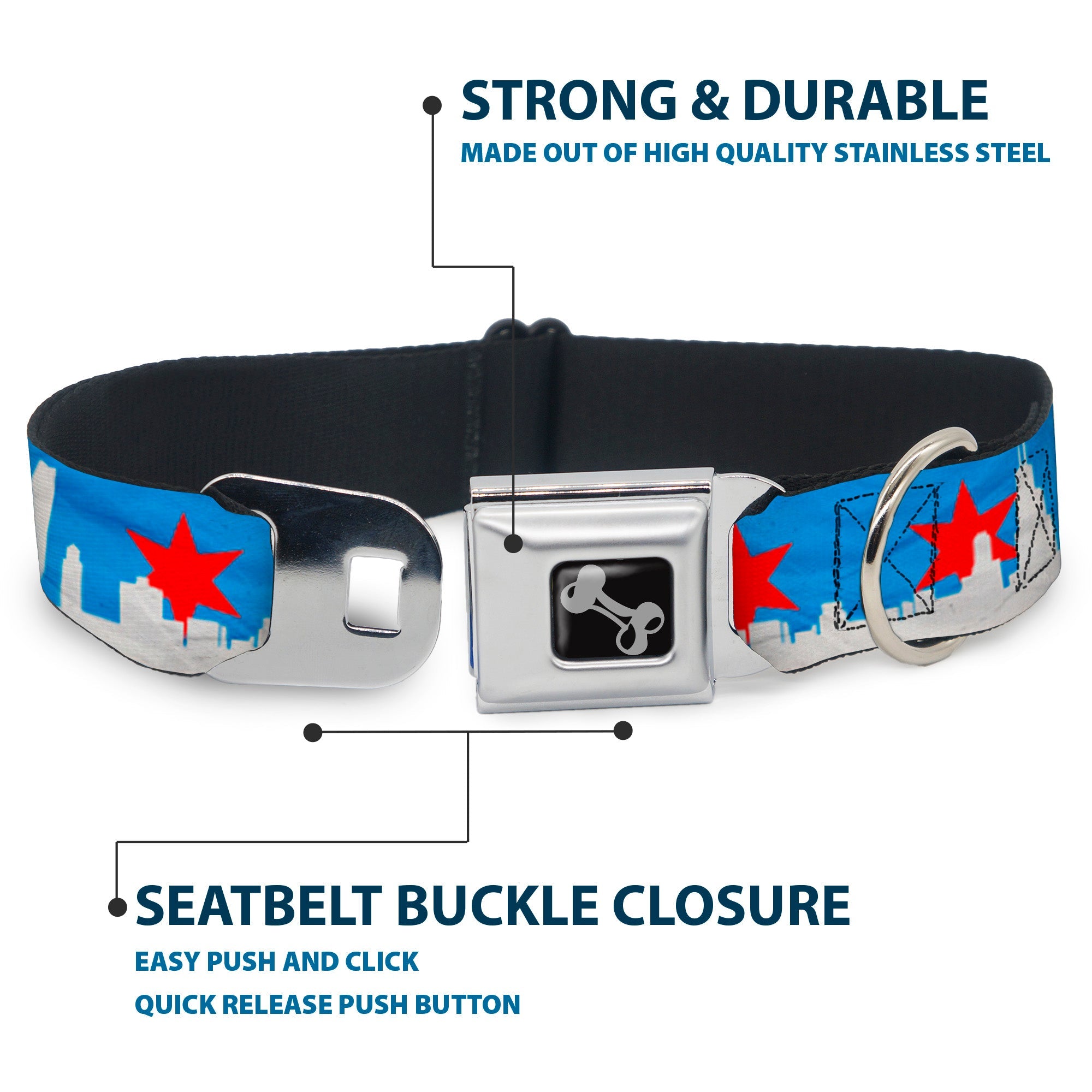 Dog Bone Seatbelt Buckle Collar - Chicago Skyline/Flag Distressed Black/White/Red