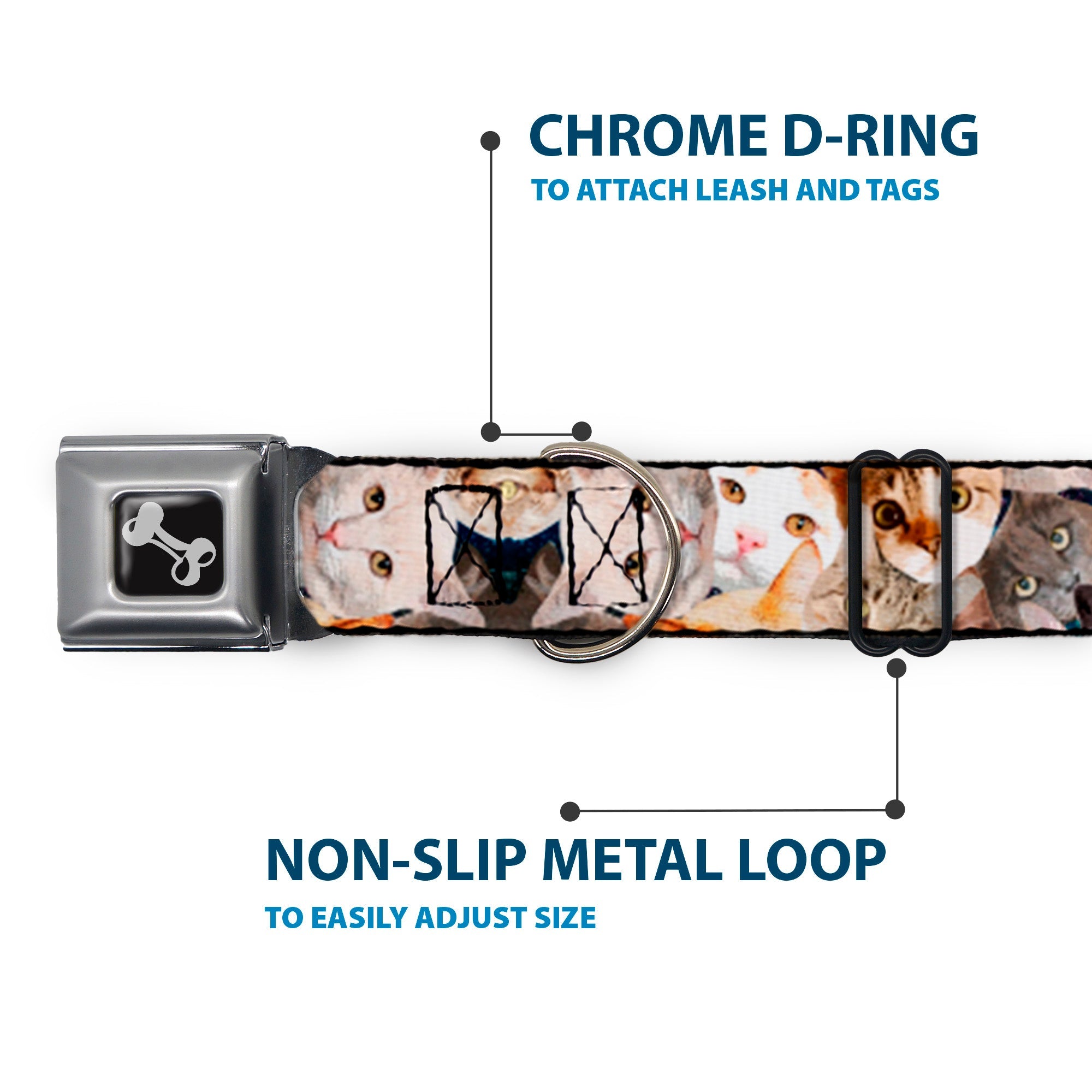 Dog Bone Seatbelt Buckle Collar - Cat Faces Stacked