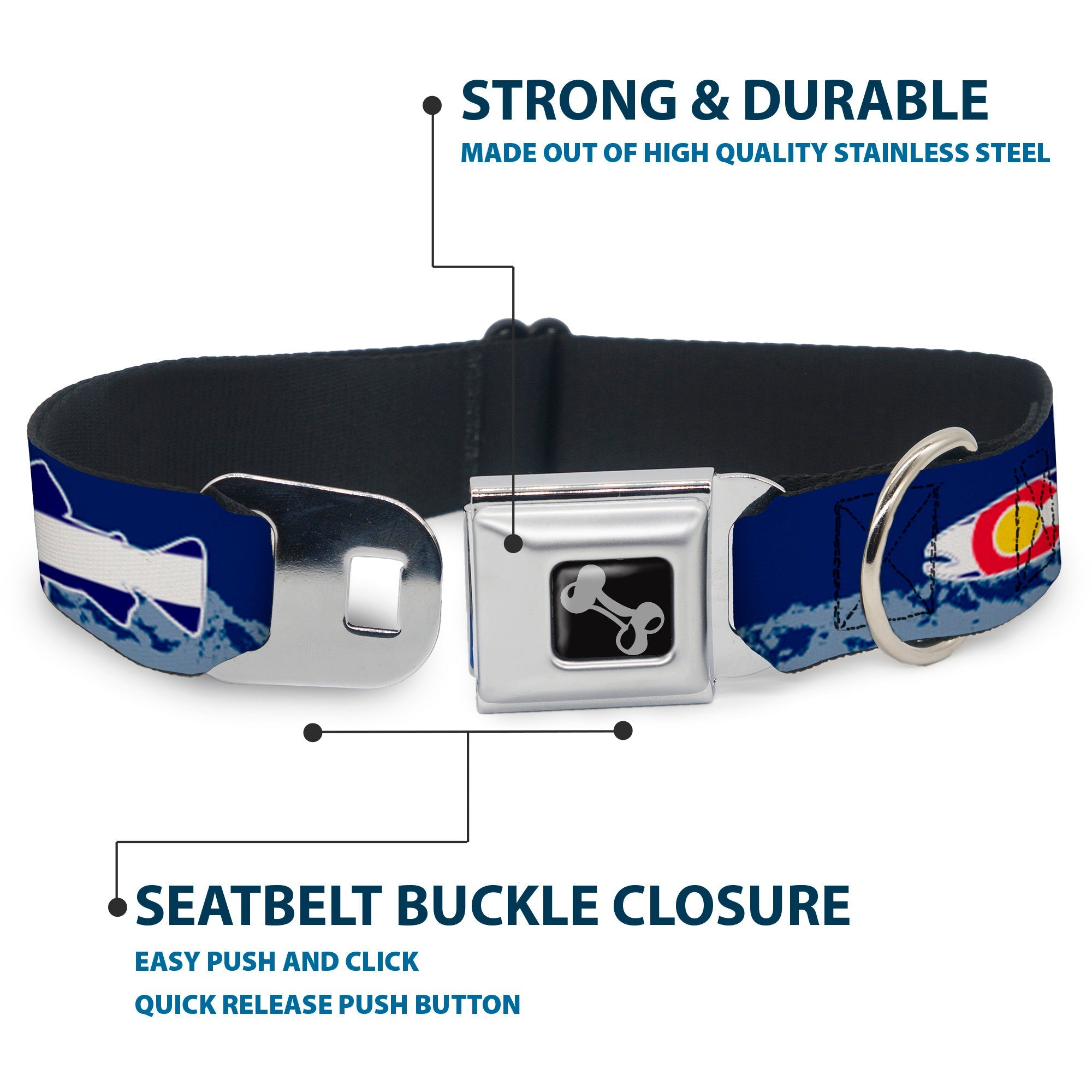 Dog Bone Seatbelt Buckle Collar - Colorado Trout Flag Blue/White/Red/Yellow