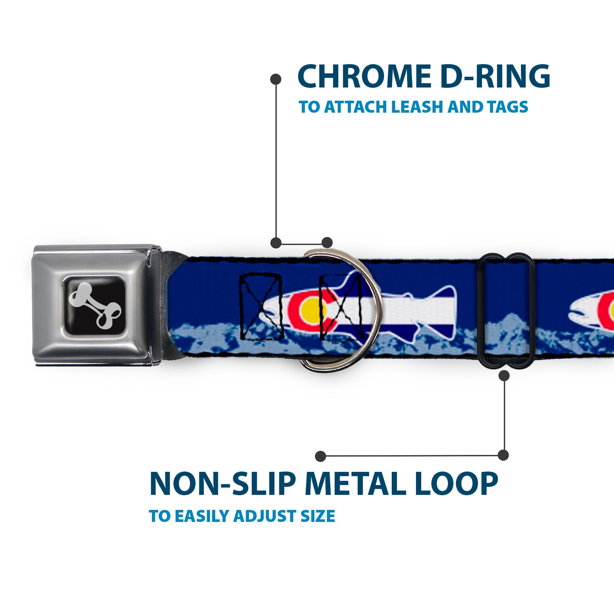 Dog Bone Seatbelt Buckle Collar - Colorado Trout Flag Blue/White/Red/Yellow