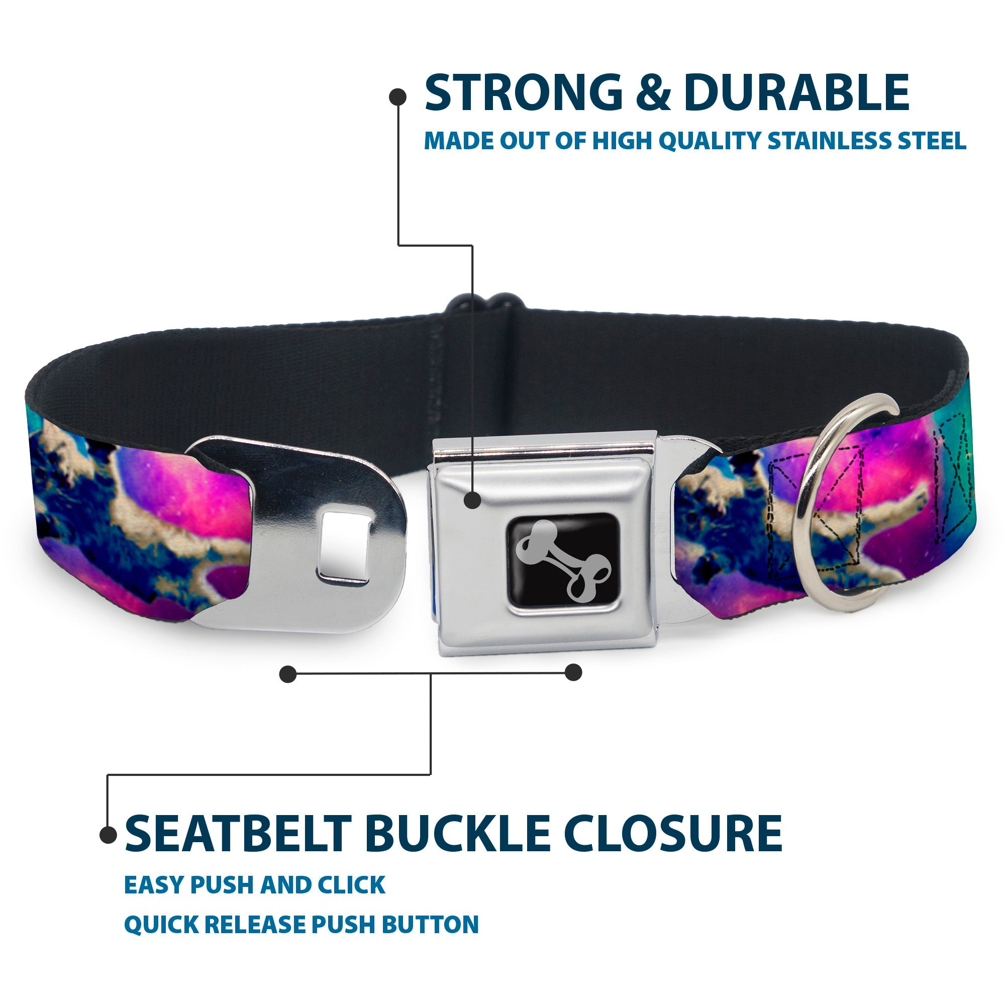 Dog Bone Seatbelt Buckle Collar - Cats in Space Pinks/Blues
