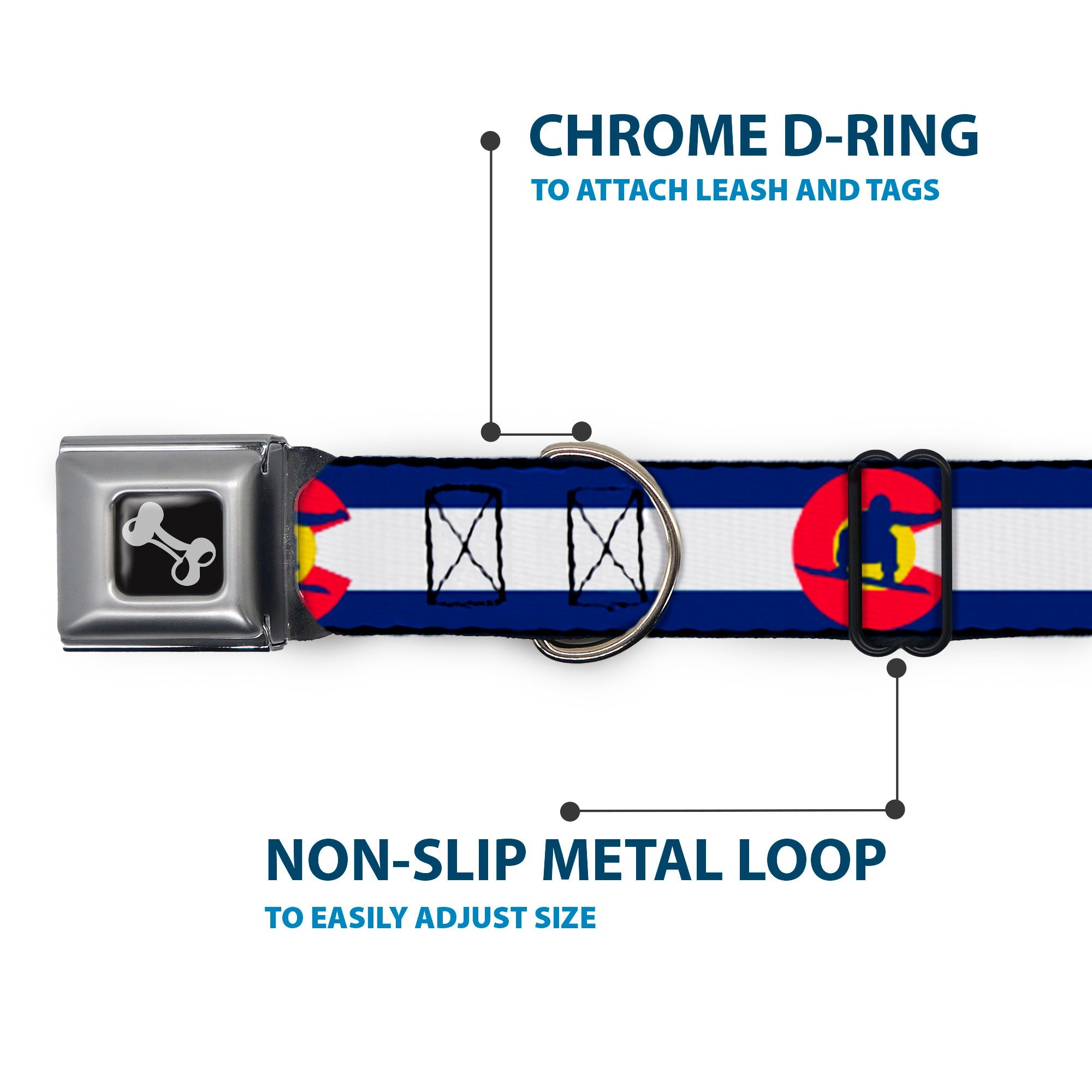 Dog Bone Seatbelt Buckle Collar - Colorado Flag/Snowboarder Blue/White/Red/Yellow