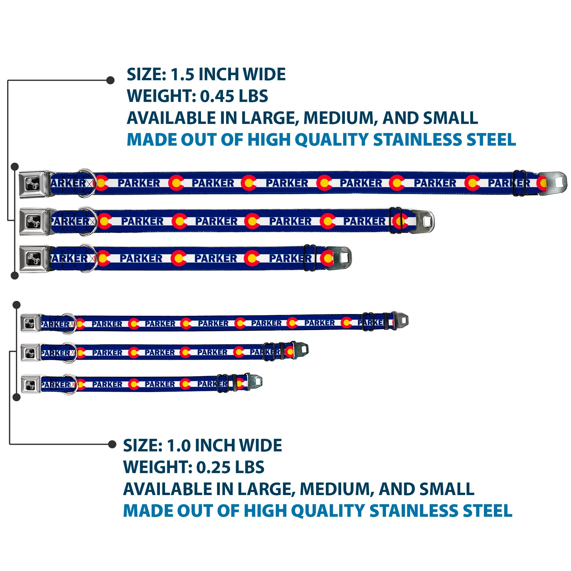 Dog Bone Seatbelt Buckle Collar - Colorado PARKER Flag Blue/White/Red/Yellow