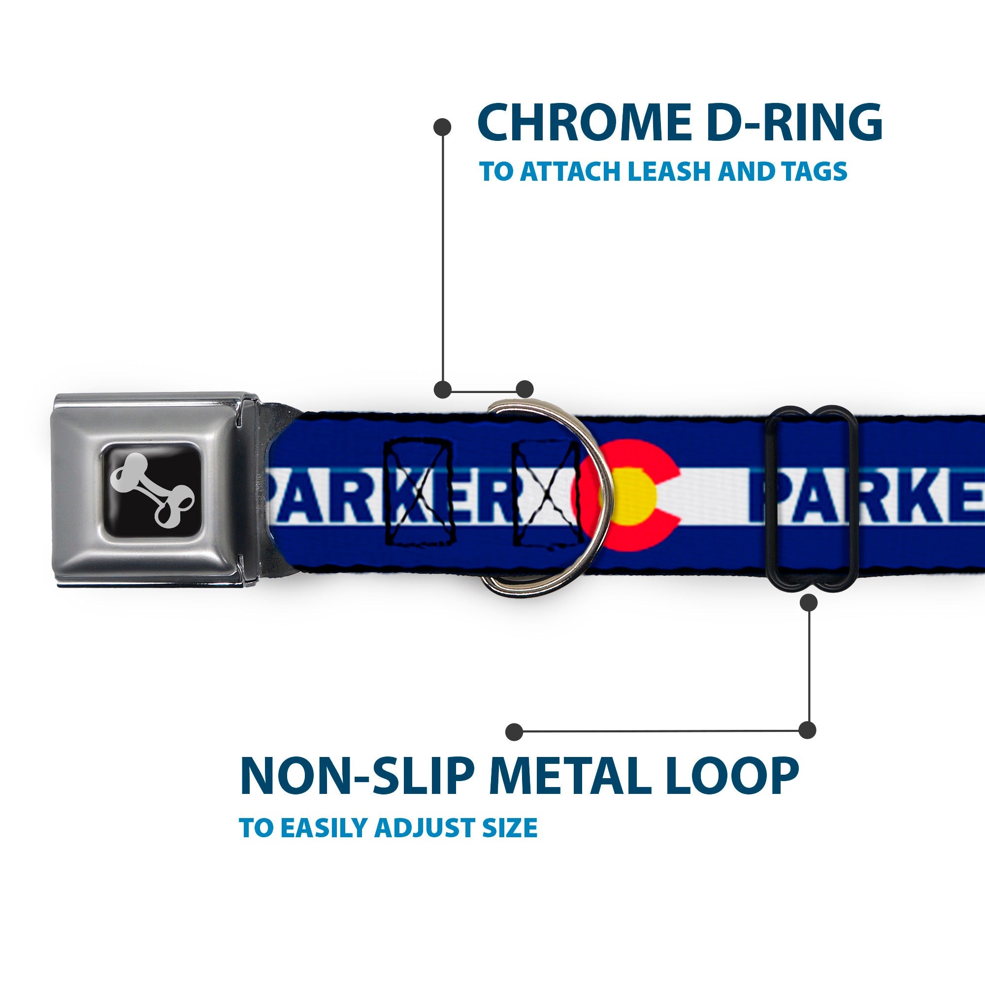 Dog Bone Seatbelt Buckle Collar - Colorado PARKER Flag Blue/White/Red/Yellow