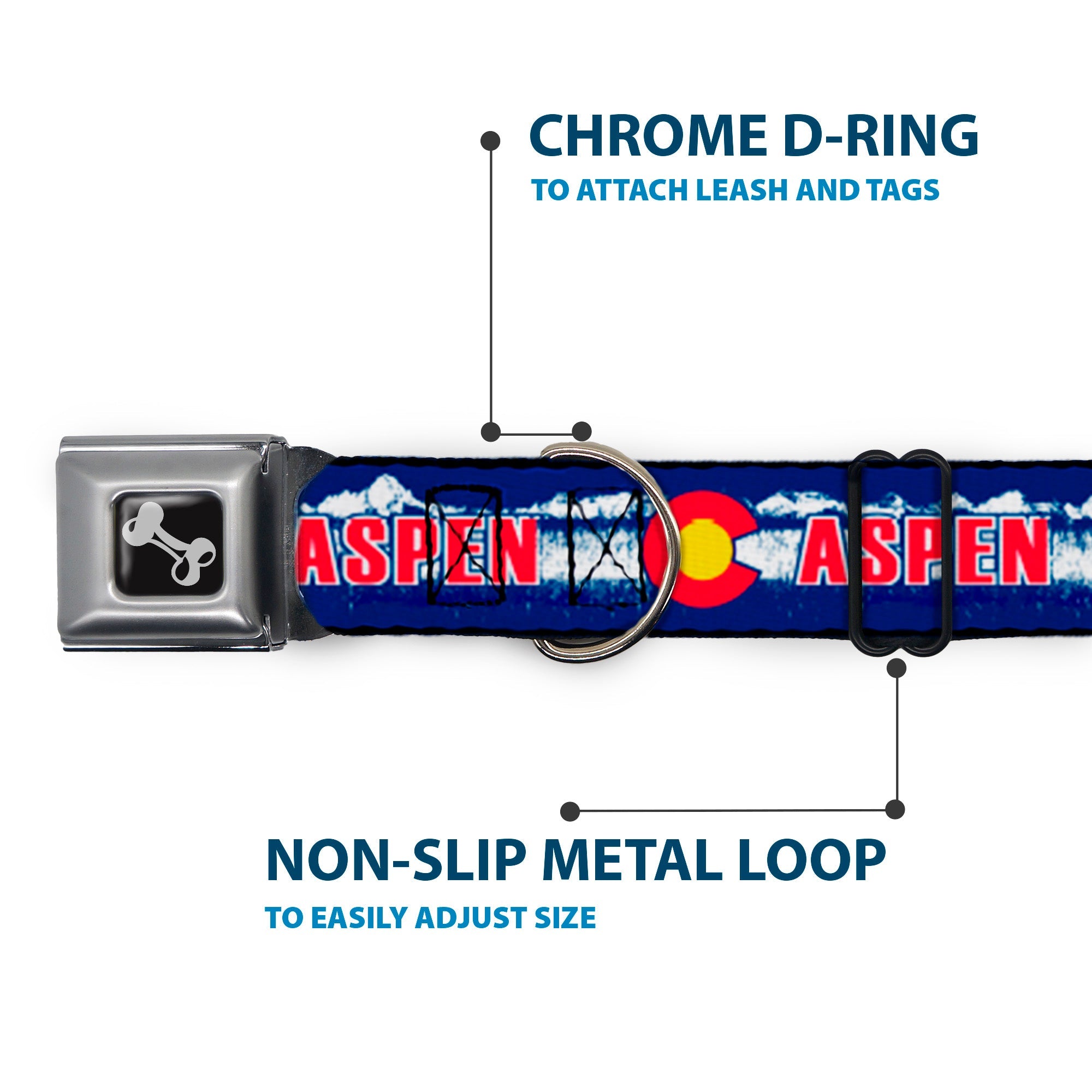 Dog Bone Seatbelt Buckle Collar - Colorado ASPEN Flag/Snowy Mountains Weathered Blue/White/Red/Yellows