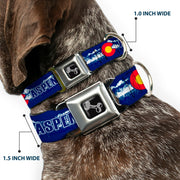Dog Bone Seatbelt Buckle Collar - Colorado ASPEN Flag/Snowy Mountains Weathered2 Blue/White/Red/Yellows