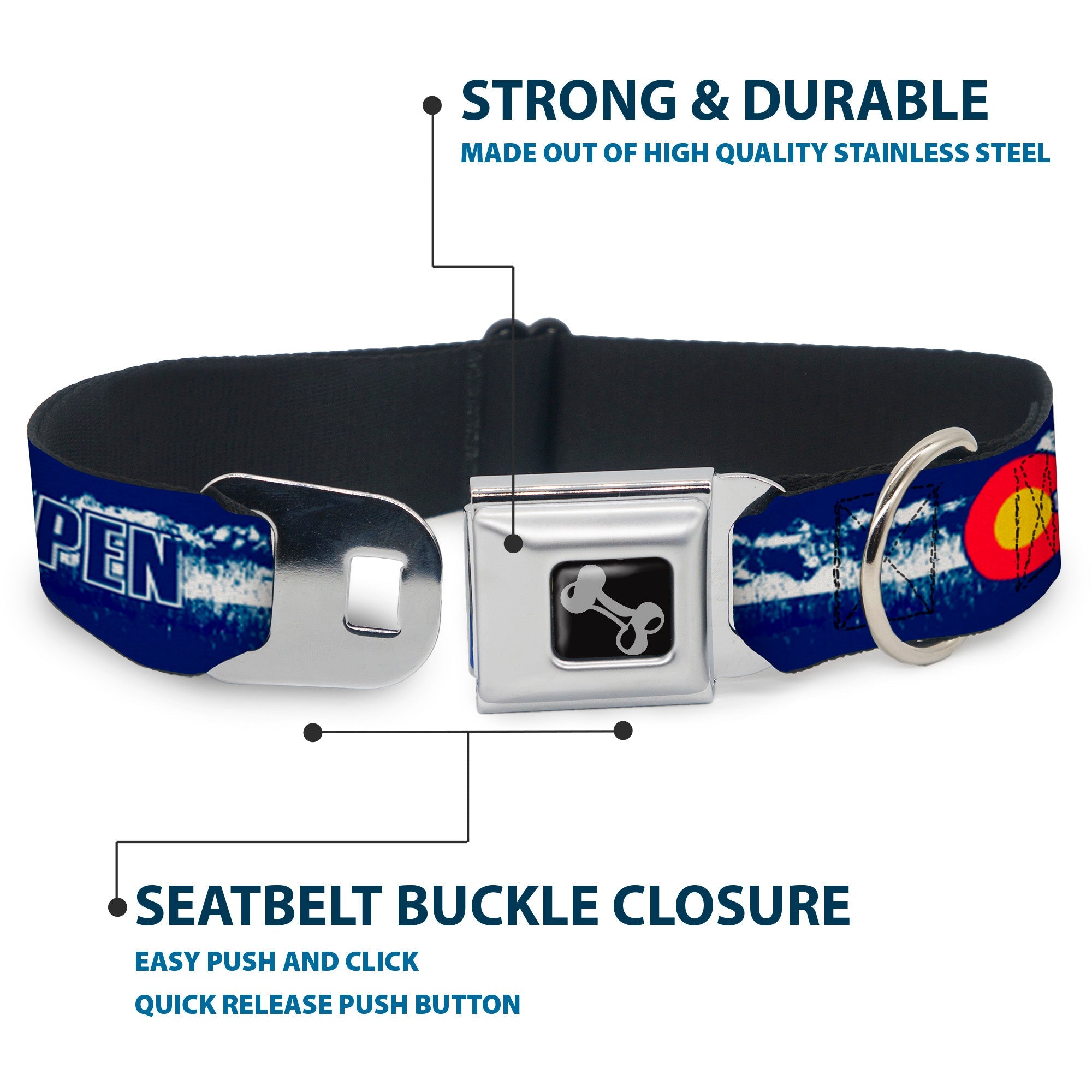 Dog Bone Seatbelt Buckle Collar - Colorado ASPEN Flag/Snowy Mountains Weathered2 Blue/White/Red/Yellows