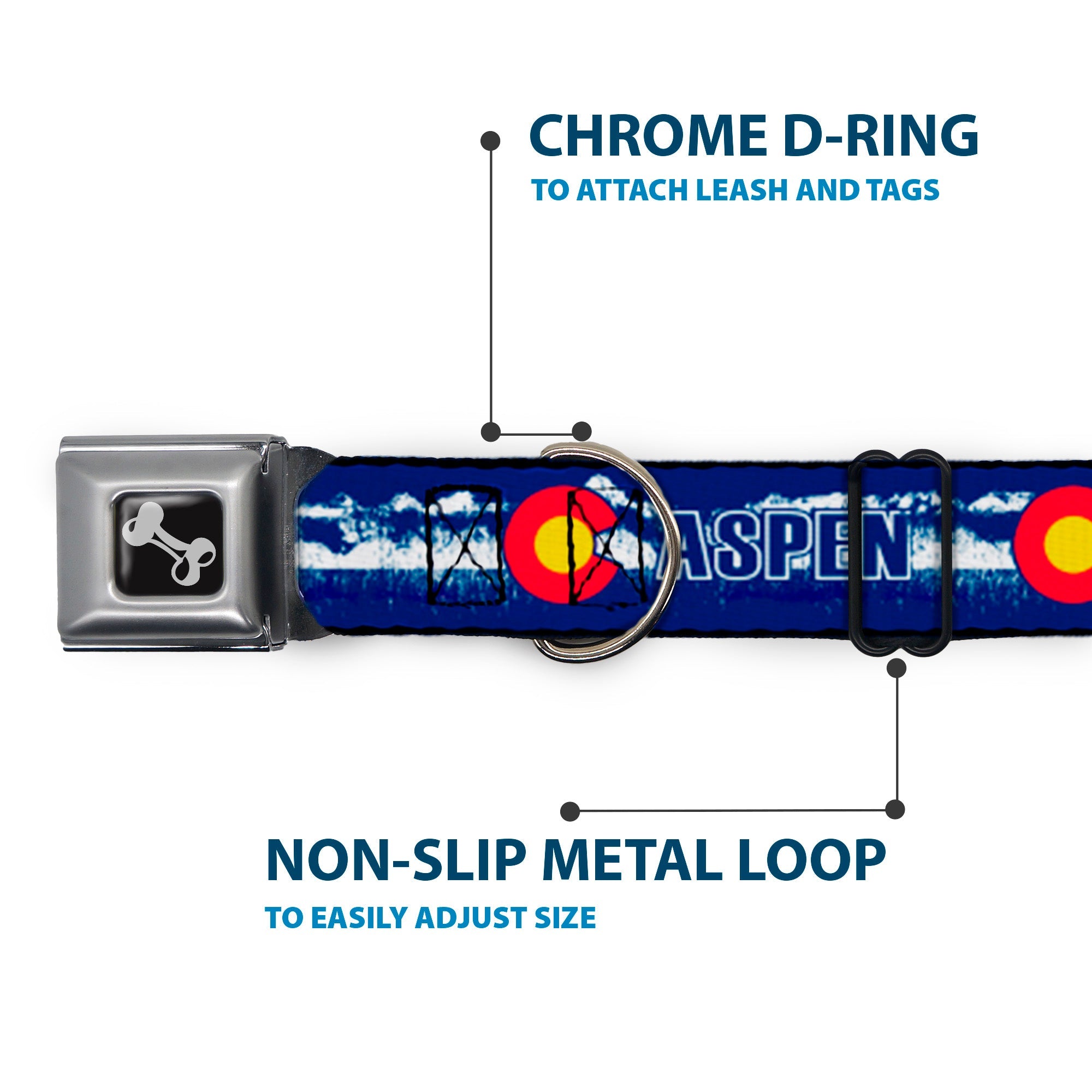 Dog Bone Seatbelt Buckle Collar - Colorado ASPEN Flag/Snowy Mountains Weathered2 Blue/White/Red/Yellows