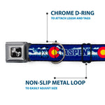 Dog Bone Seatbelt Buckle Collar - Colorado ASPEN Flag/Snowy Mountains Weathered2 Blue/White/Red/Yellows