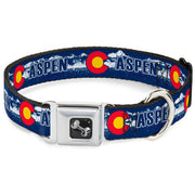 Dog Bone Seatbelt Buckle Collar - Colorado ASPEN Flag/Snowy Mountains Weathered2 Blue/White/Red/Yellows