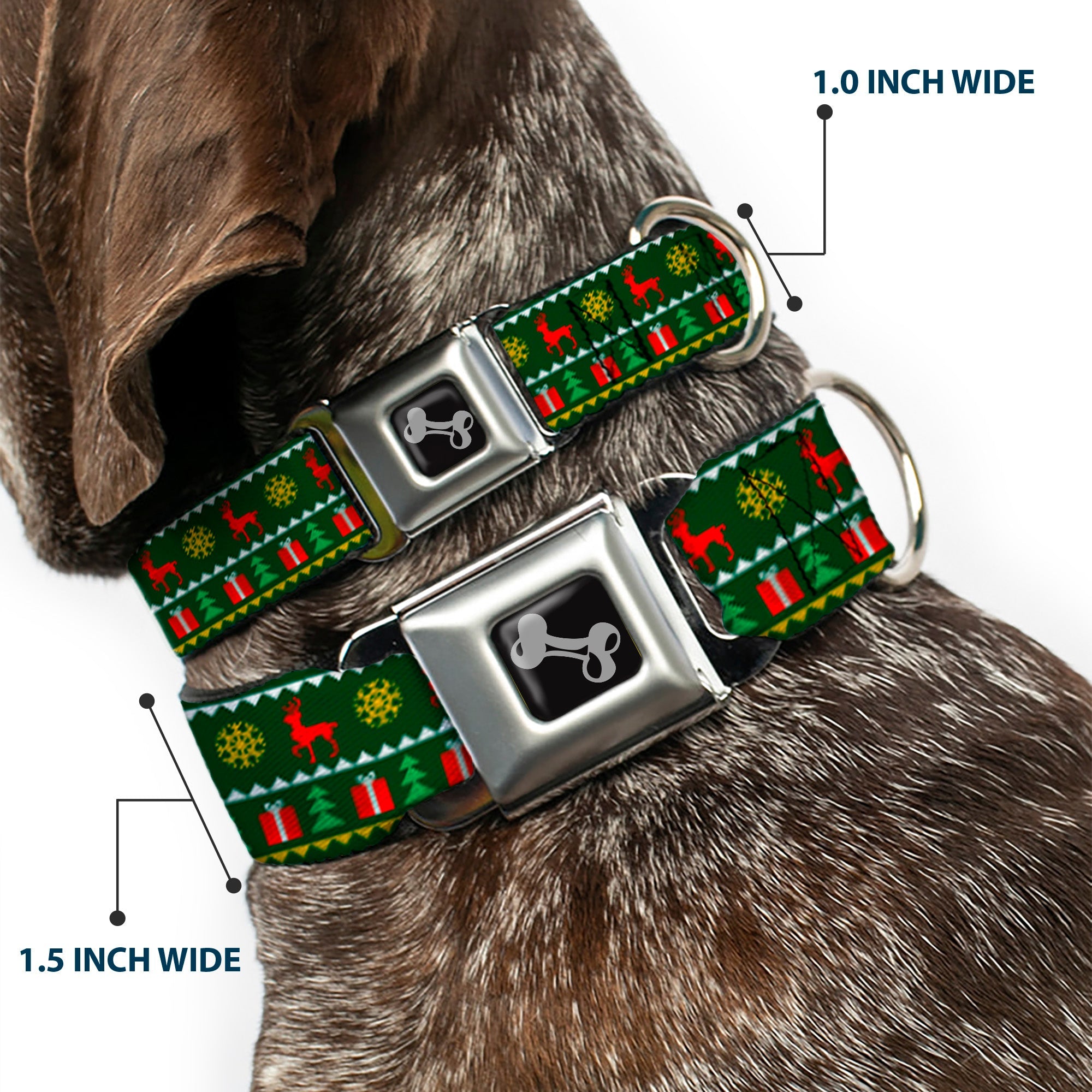 Dog Bone Seatbelt Buckle Collar - Christmas Sweater Stitch Green/White/Gold/Red
