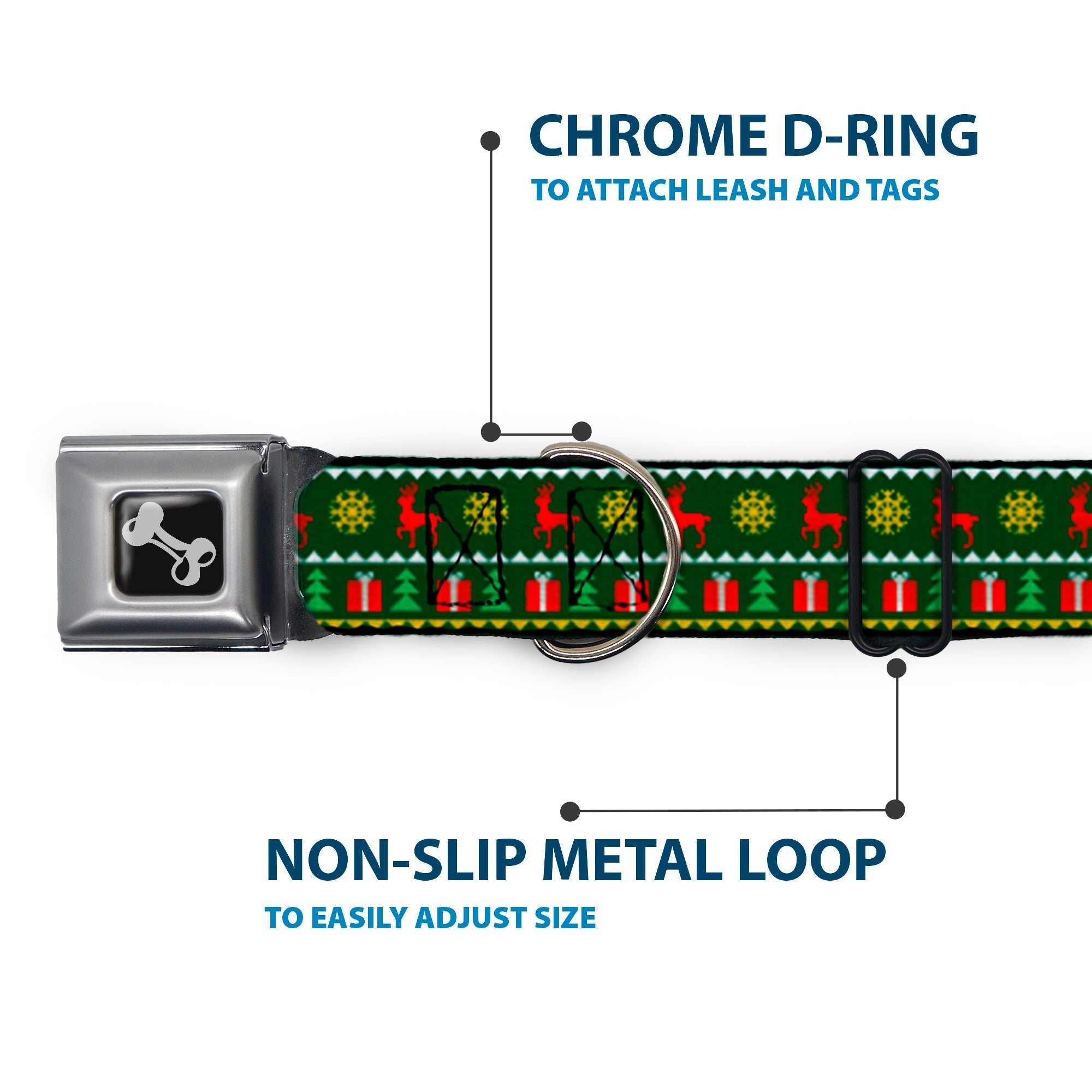 Dog Bone Seatbelt Buckle Collar - Christmas Sweater Stitch Green/White/Gold/Red