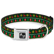 Dog Bone Seatbelt Buckle Collar - Christmas Sweater Stitch Green/White/Gold/Red